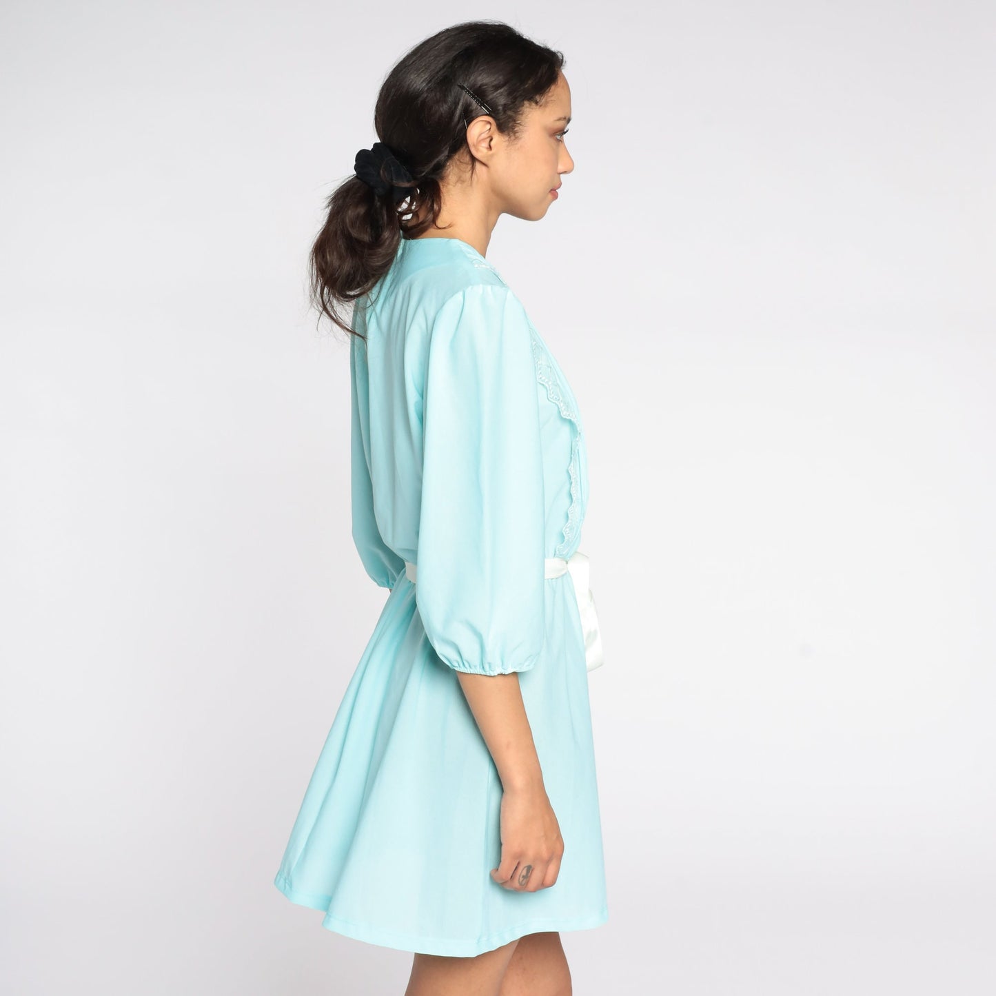 80s Blue Puff Sleeve Mini Dress Pleated High Waist Medium