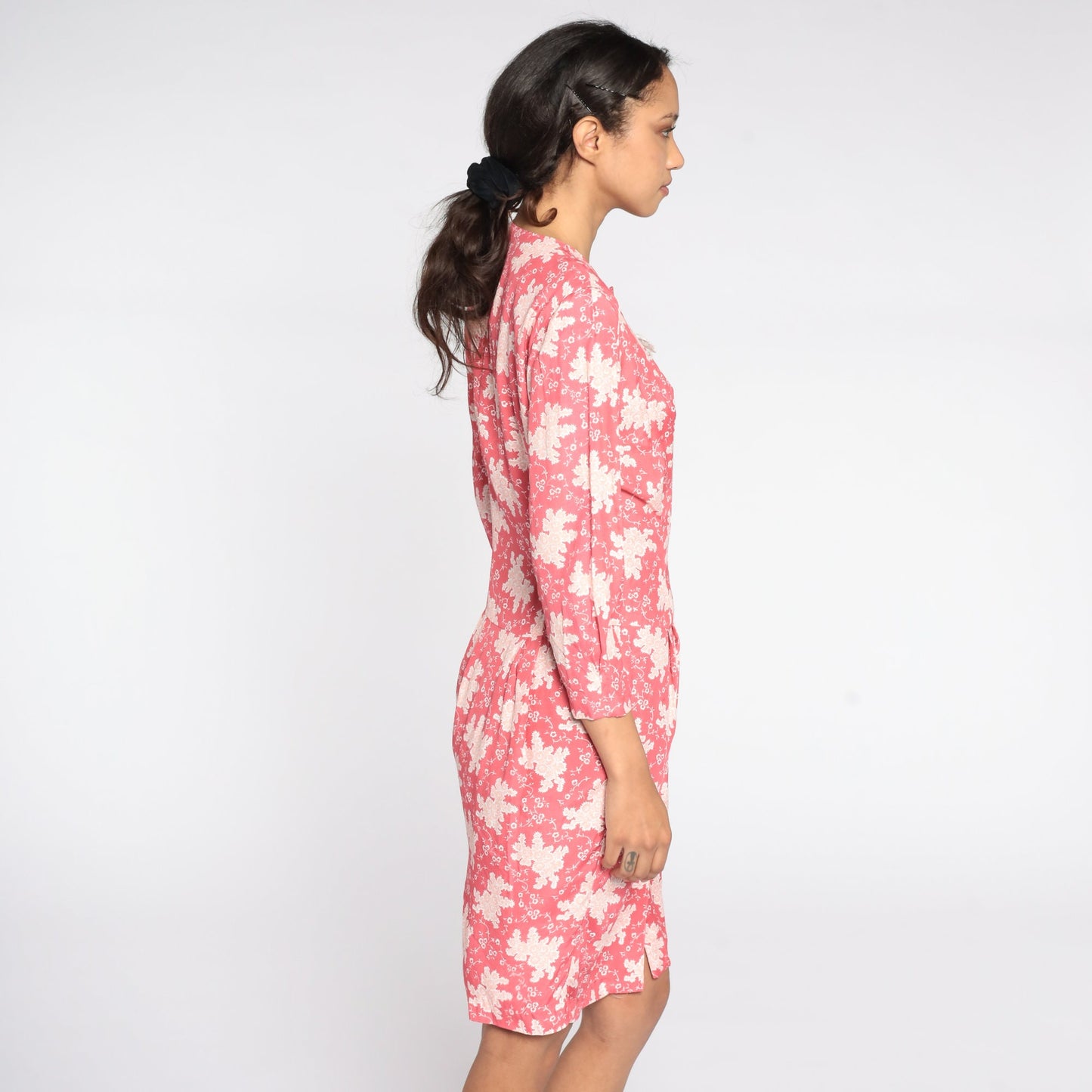 80s Jonathan Martin Floral Mini Dress Puff Sleeve Pink Sheath Small