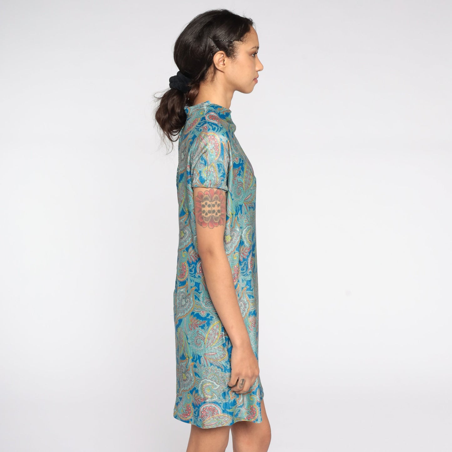 1960s Paisley Psychedelic Mini Shift Dress Blue Cap Sleeve Medium