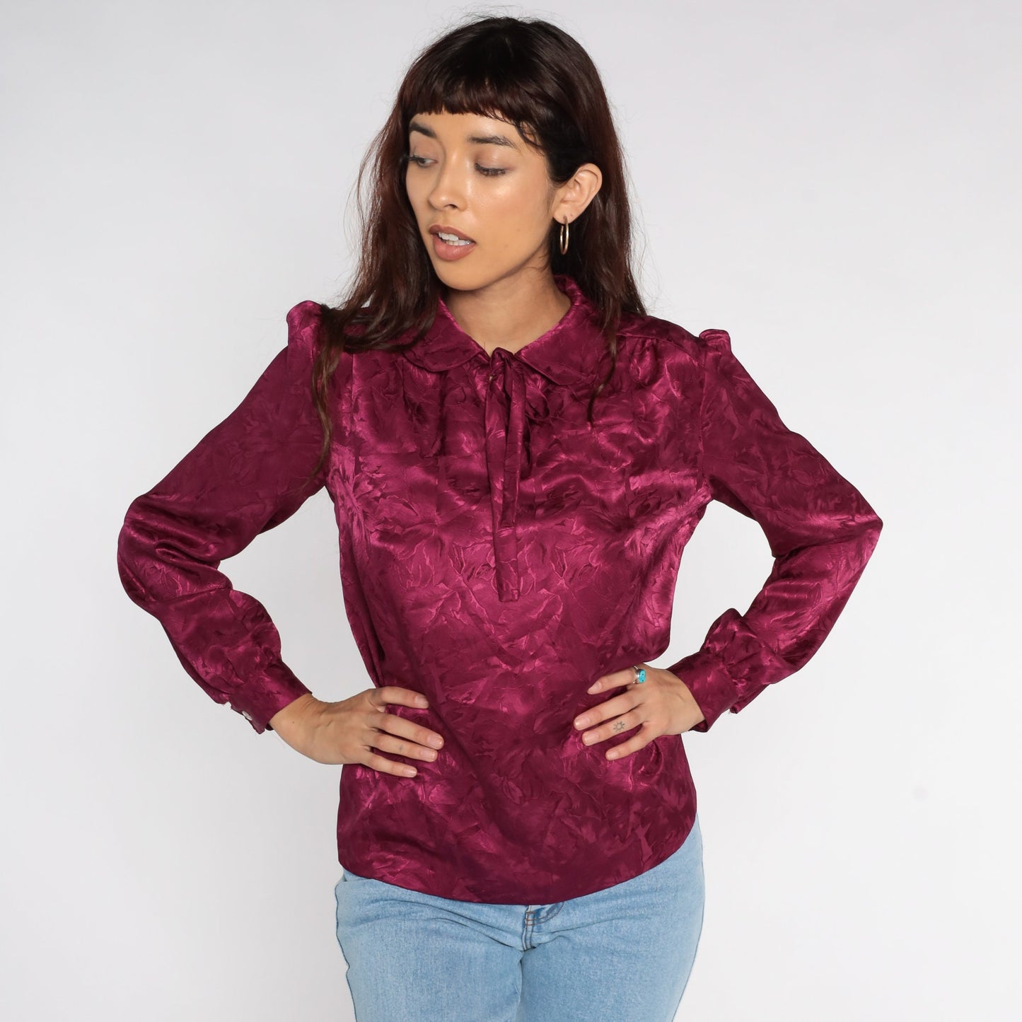 80s Purple Puff Sleeve Blouse Peter Pan Collar Floral Embossed Top Medium Large
