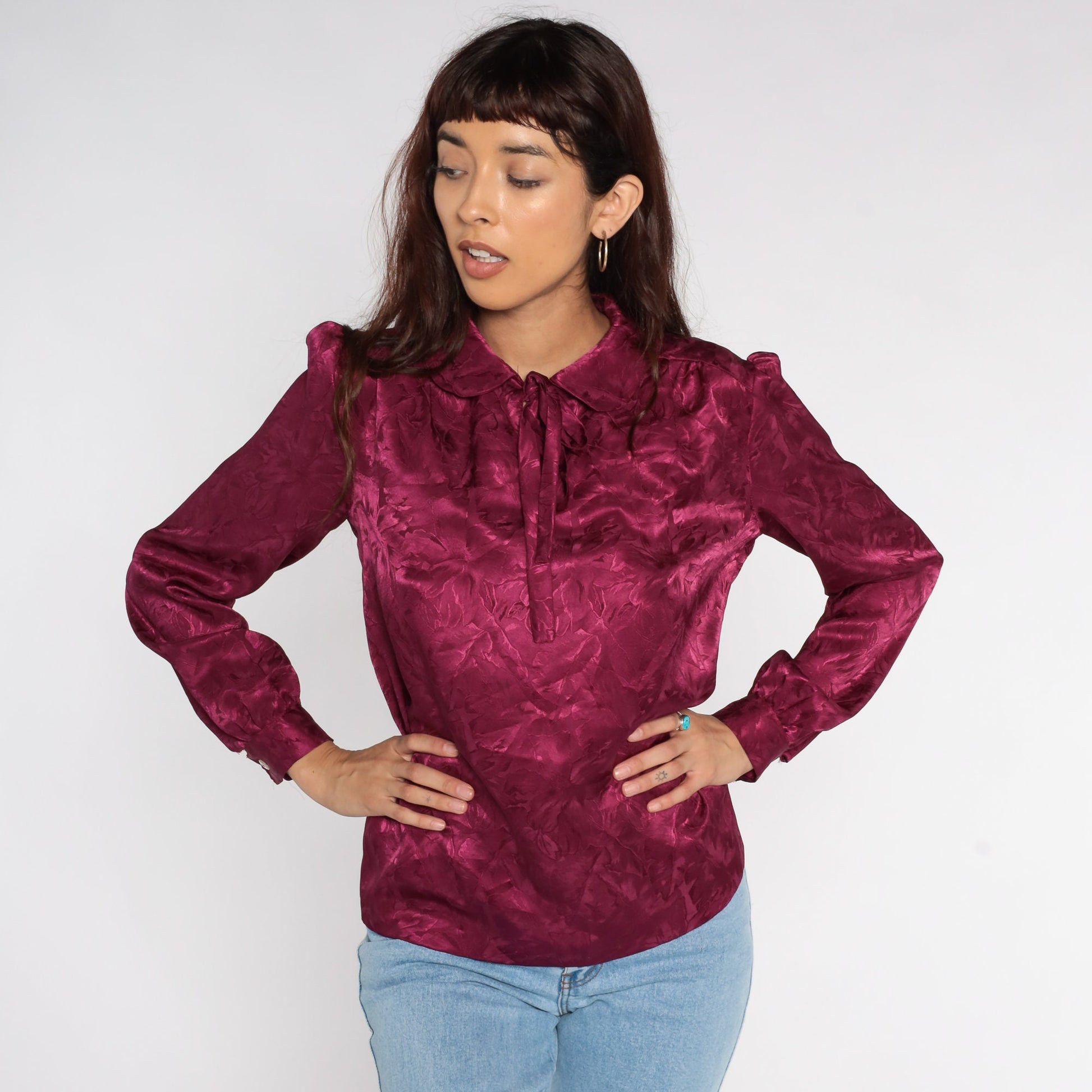 80s Purple Puff Sleeve Blouse Peter Pan Collar Floral Embossed Top Medium Large