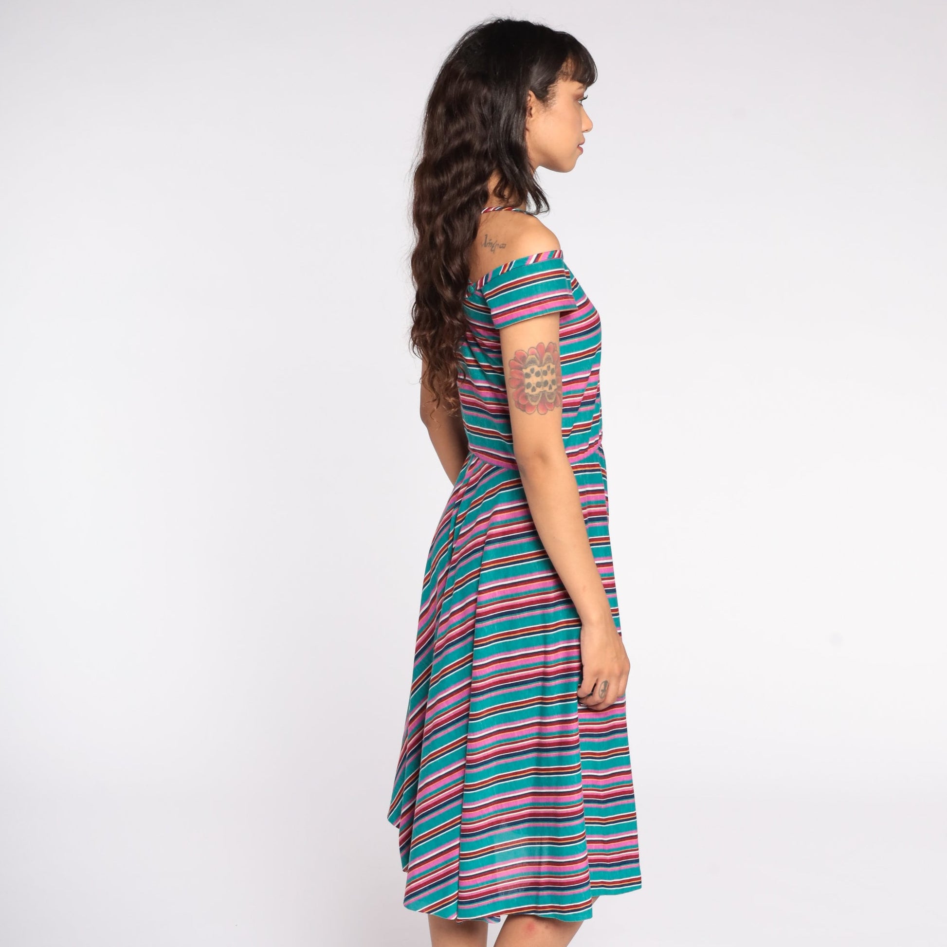 70s Teal Striped Midi Dress Off-Shoulder Criss-Cross Straps Extra Small