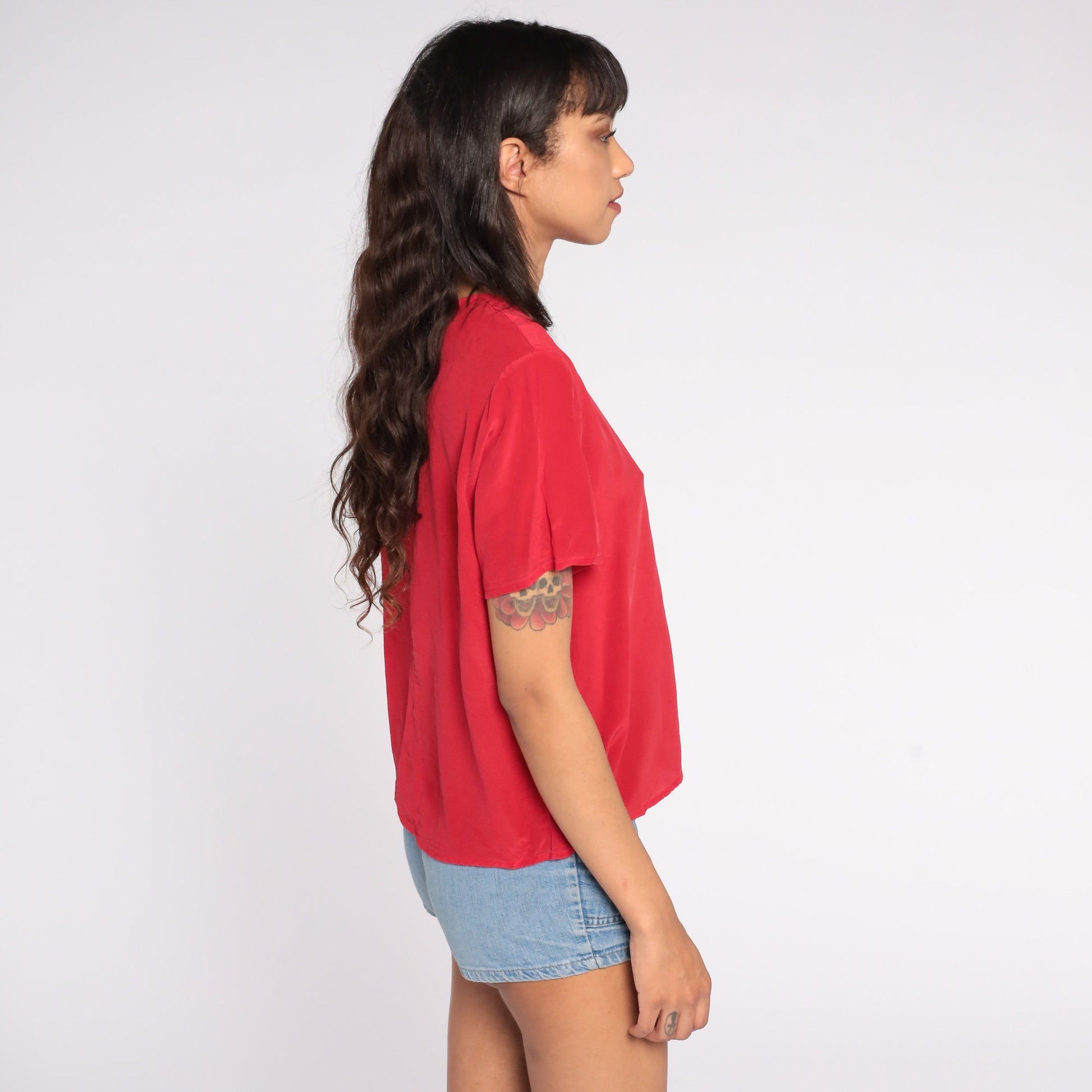 80s Red Silk Button-Up Blouse Short Sleeve Shirt Medium