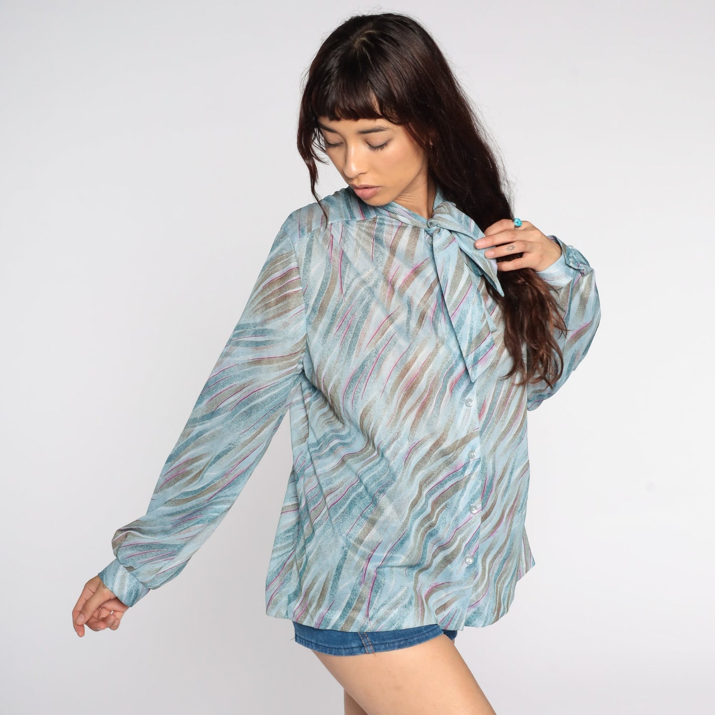 70s Sheer Ascot Blouse Blue Brushstroke Print Button-Up Long Sleeve Extra Large