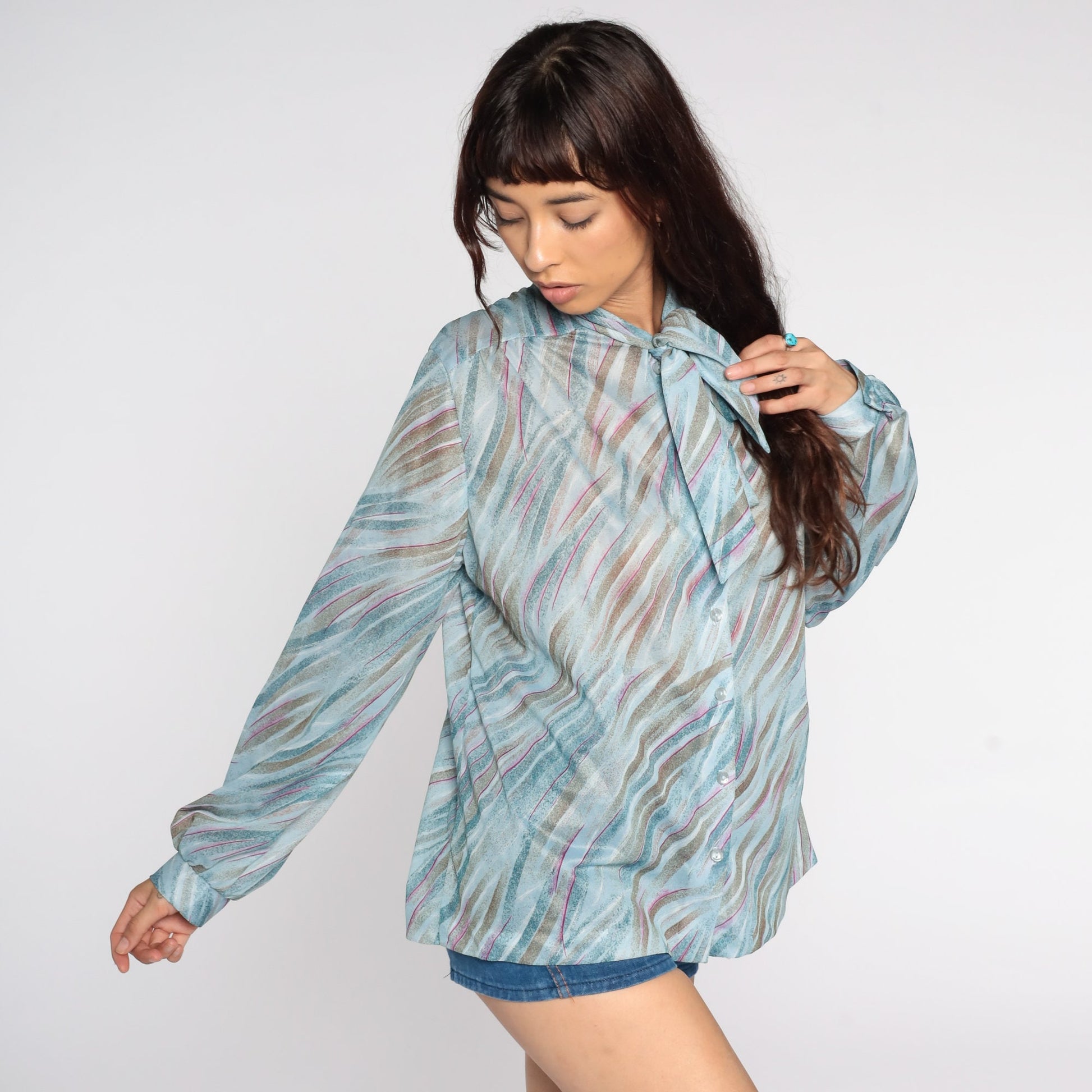 70s Sheer Ascot Blouse Blue Brushstroke Print Button-Up Long Sleeve Extra Large