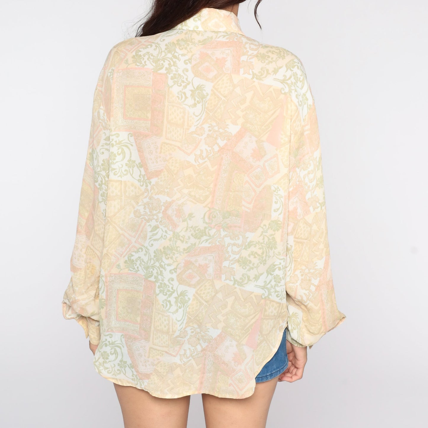 70s Yellow Geometric Floral Button-Up Blouse Dagger Collar Long Sleeve Medium