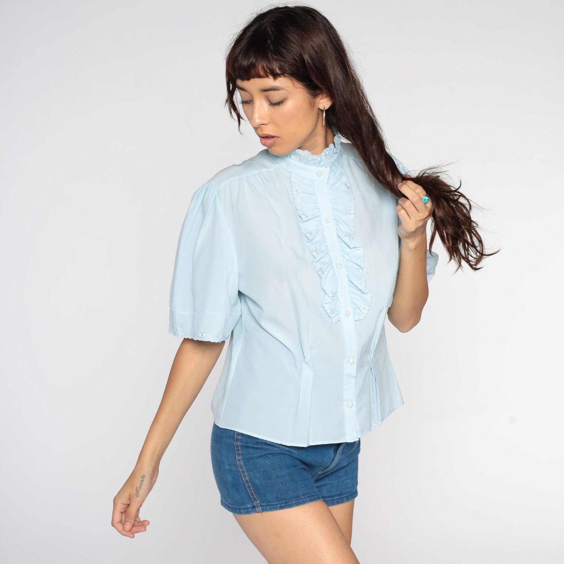 80s Baby Blue Ruffle Tuxedo Blouse Short Sleeve Button Up Eyelet Extra Large