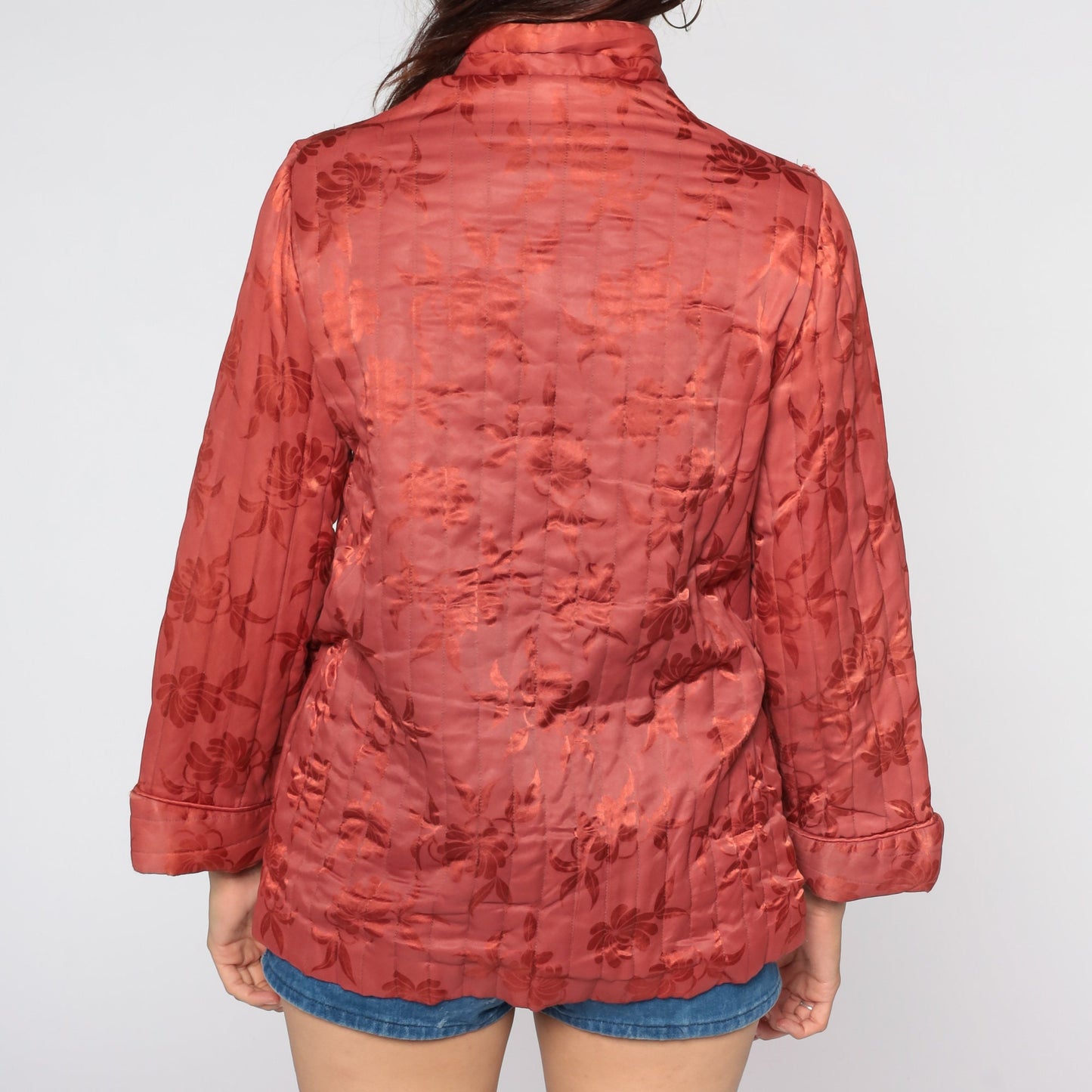 70s Red Floral Quilted Jacket Toggle Button Small
