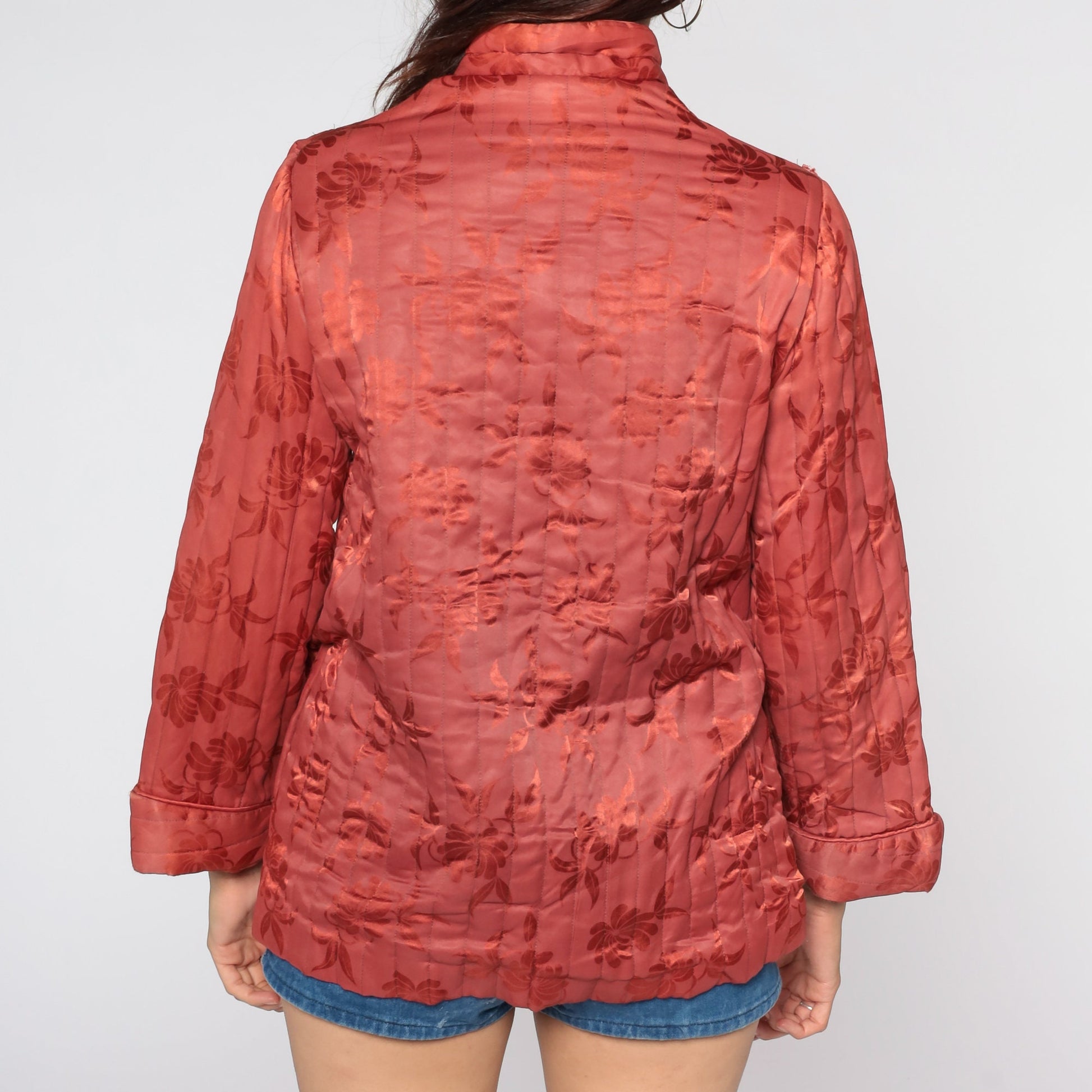 70s Red Floral Quilted Jacket Toggle Button Small