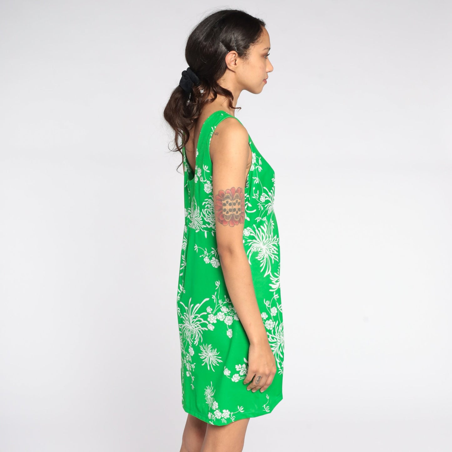 70s Babydoll Mini Dress Green Floral Empire Waist Sleeveless Medium