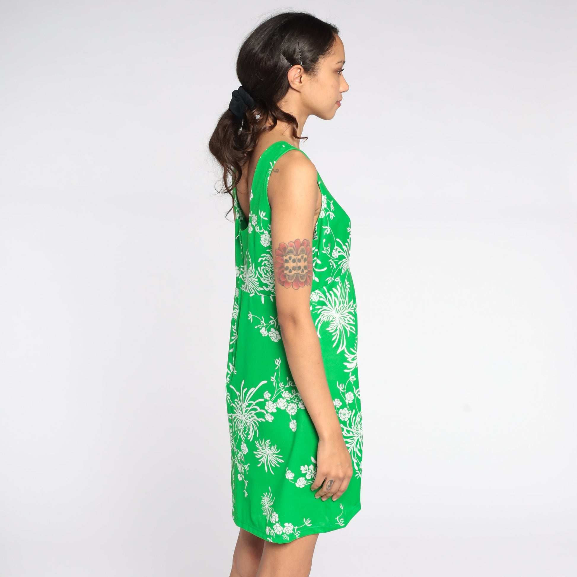 70s Babydoll Mini Dress Green Floral Empire Waist Sleeveless Medium