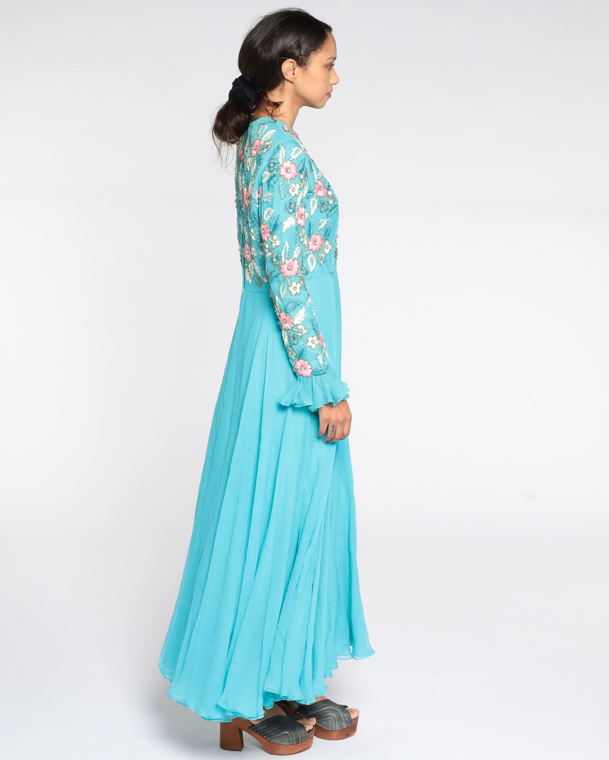 70s Blue Chiffon Maxi Dress Floral Embroidery High Waist Long Sleeve Medium