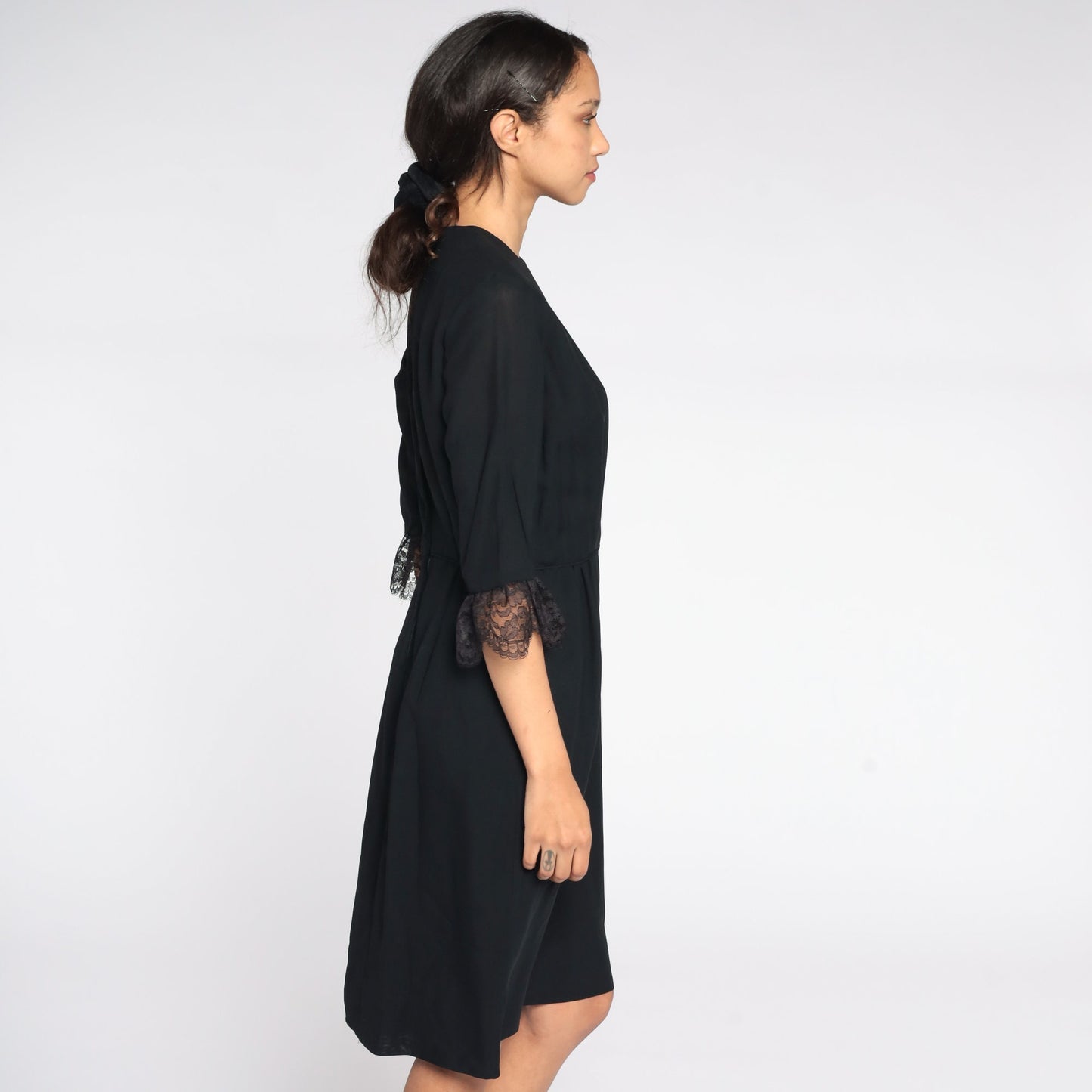 1960s Black Lace Sheath Dress High Waist Tea Length Small