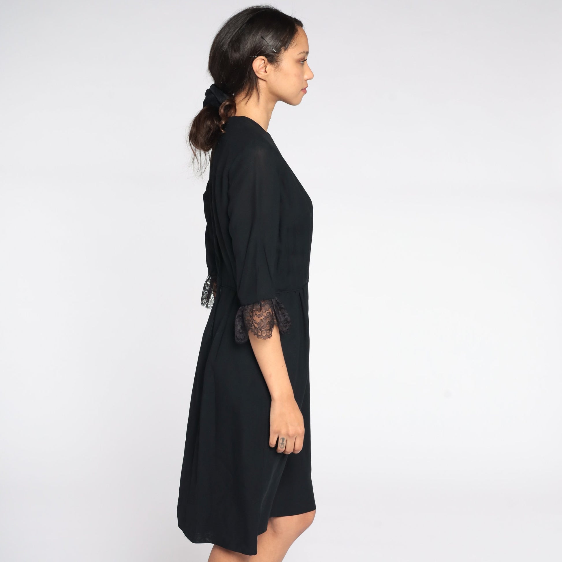1960s Black Lace Sheath Dress High Waist Tea Length Small