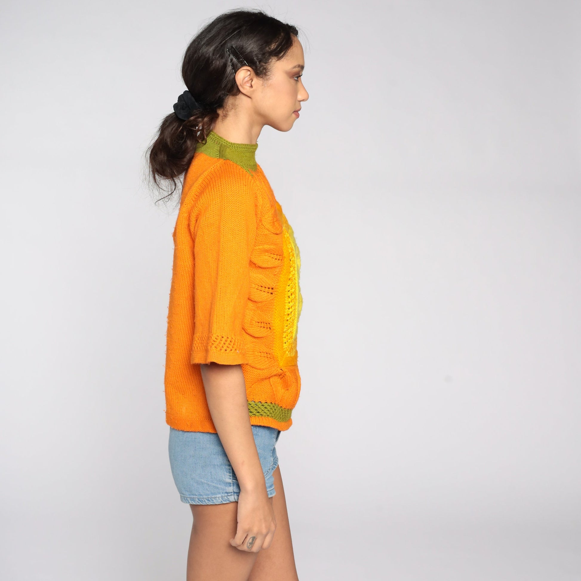 70s Wool Bell Sleeve Sweater Yellow Orange Colourblock Knit Medium