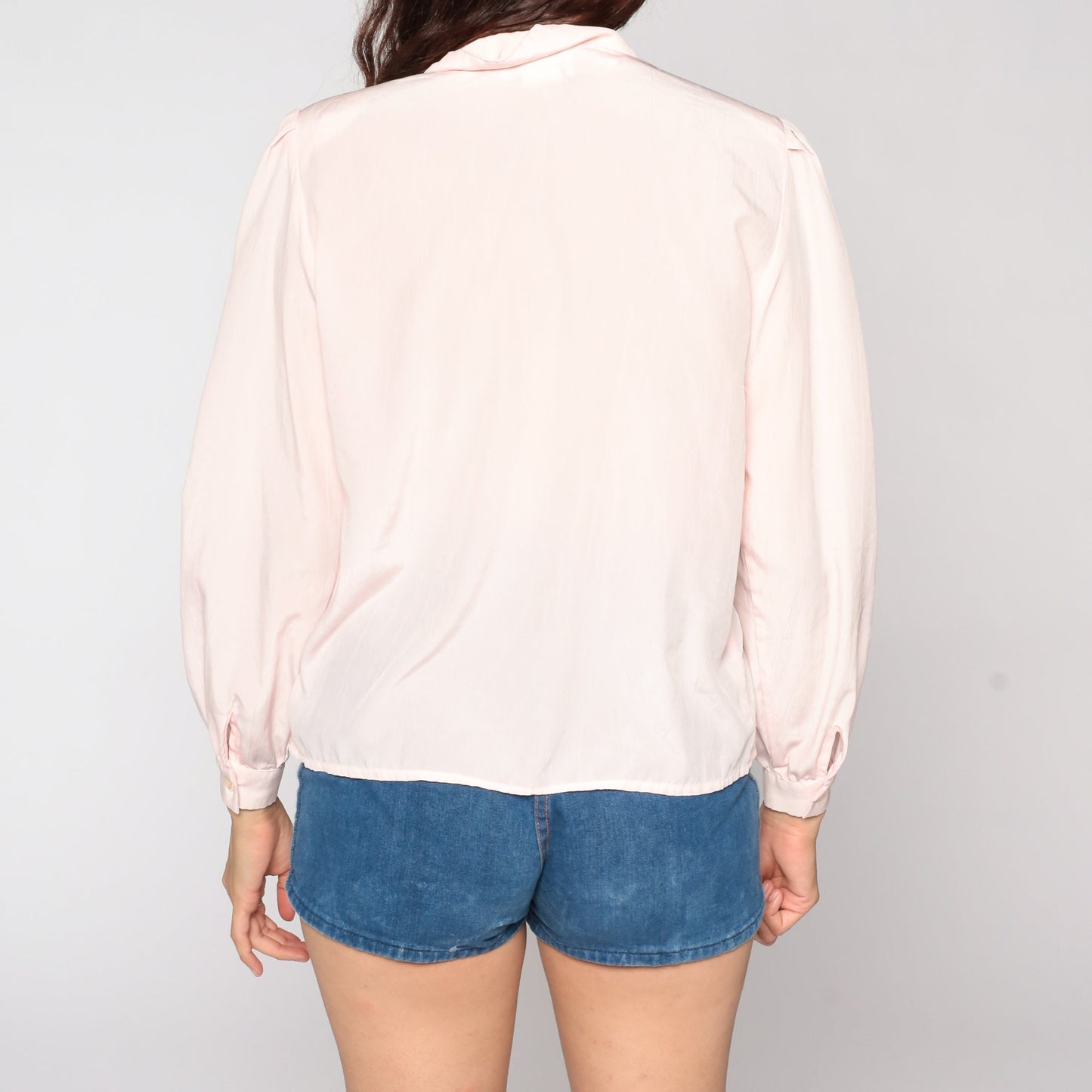 80s Baby Pink Puff Sleeve Button-Up Blouse Collar Shirt Medium