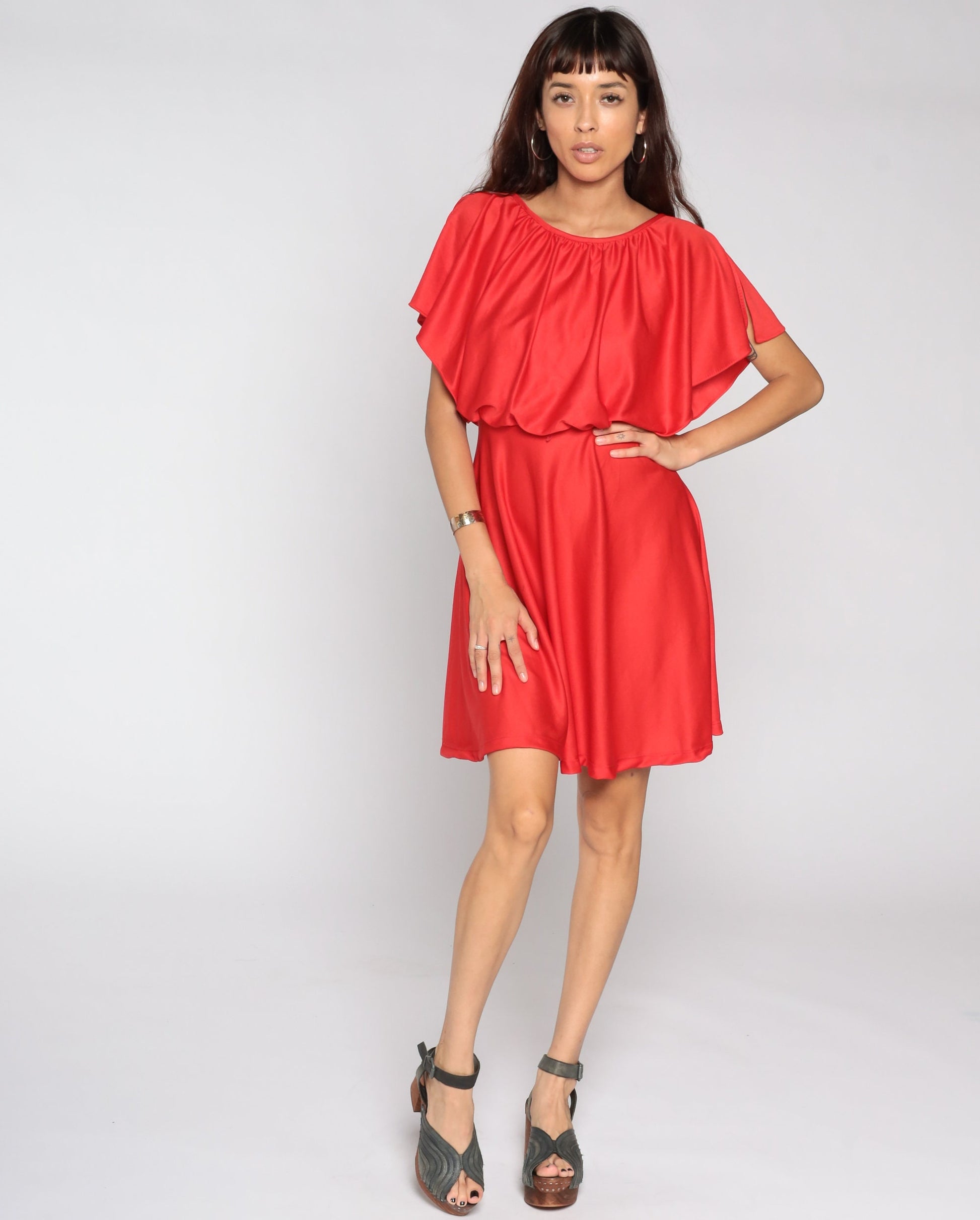 70s Red Grecian Mini Dress High Waist Flutter Sleeve Capelet Small