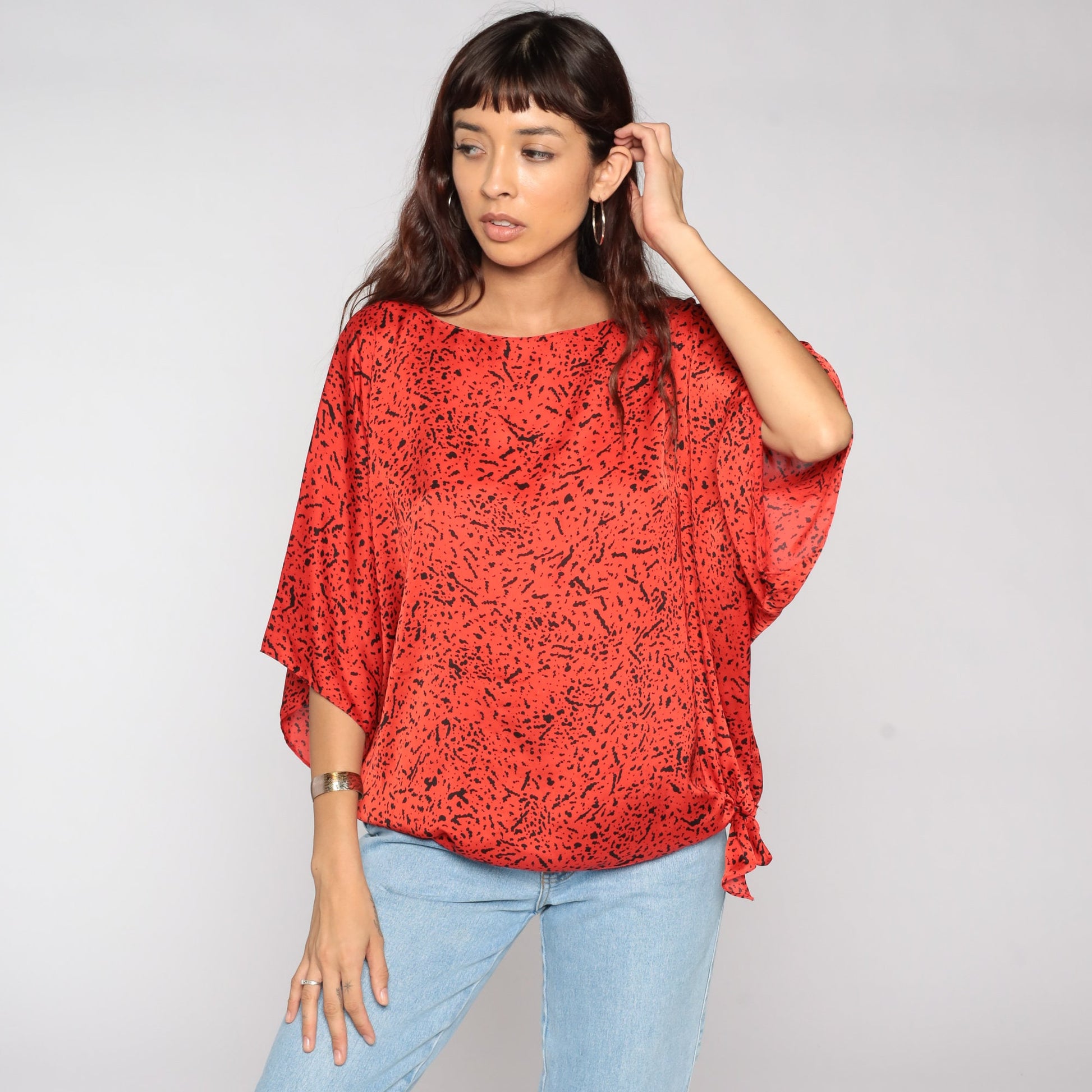 80s Red Confetti Flecked Dolman Blouse Plus Size XXL