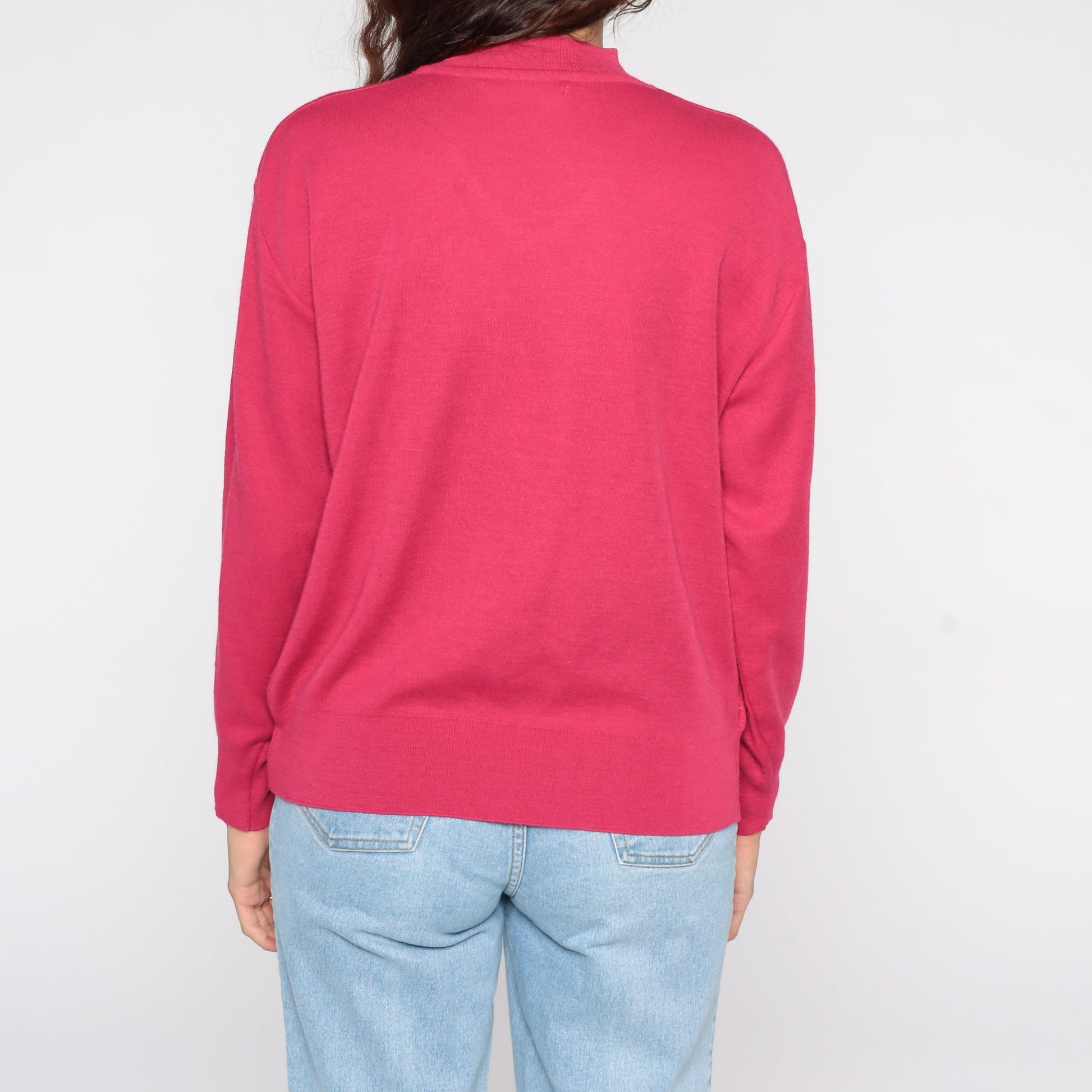 80s Deep Pink Wool Blend Pullover Sweater Knit Crewneck Medium Large