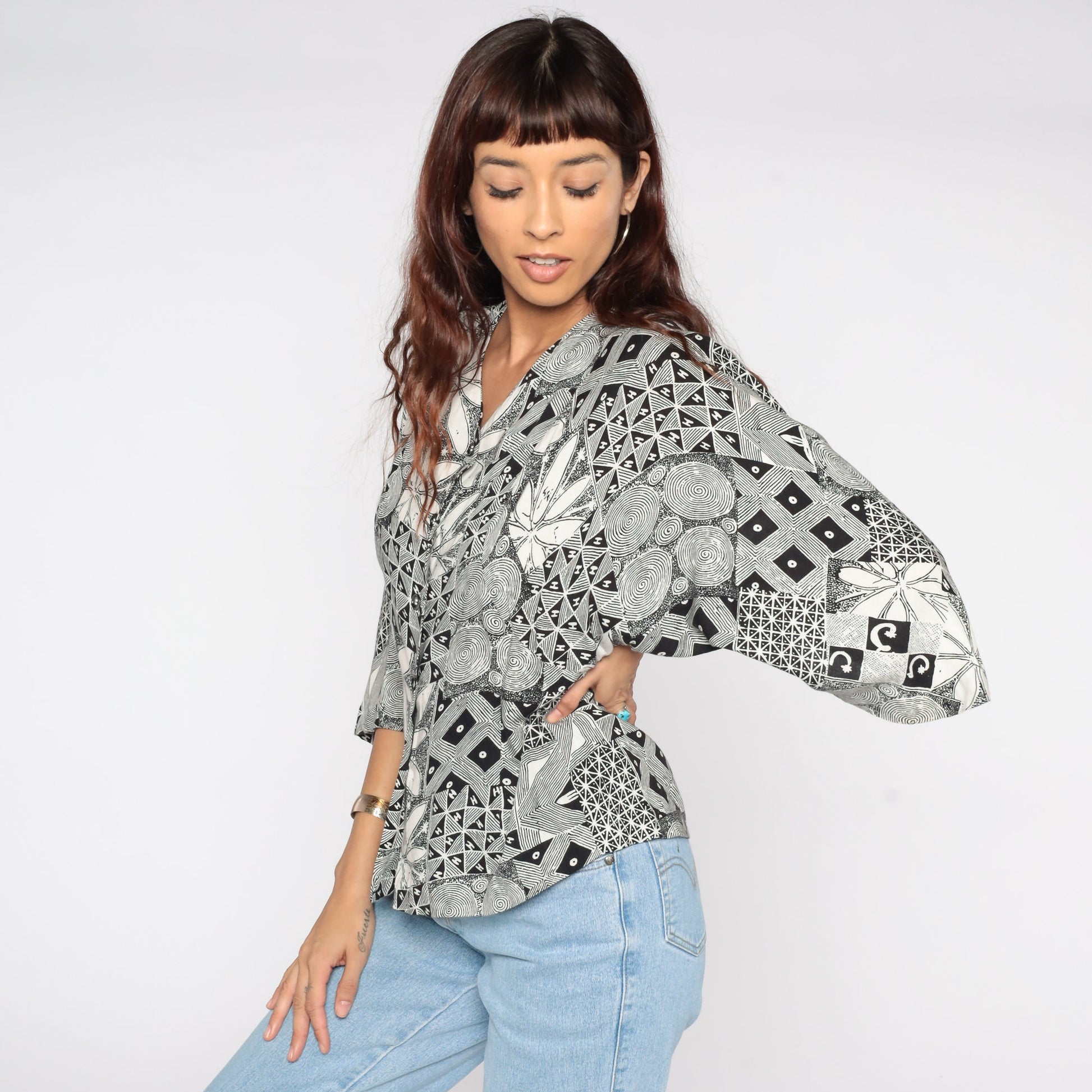 90s Black Floral Button Up Blouse Bell Sleeve Shirt Small Medium