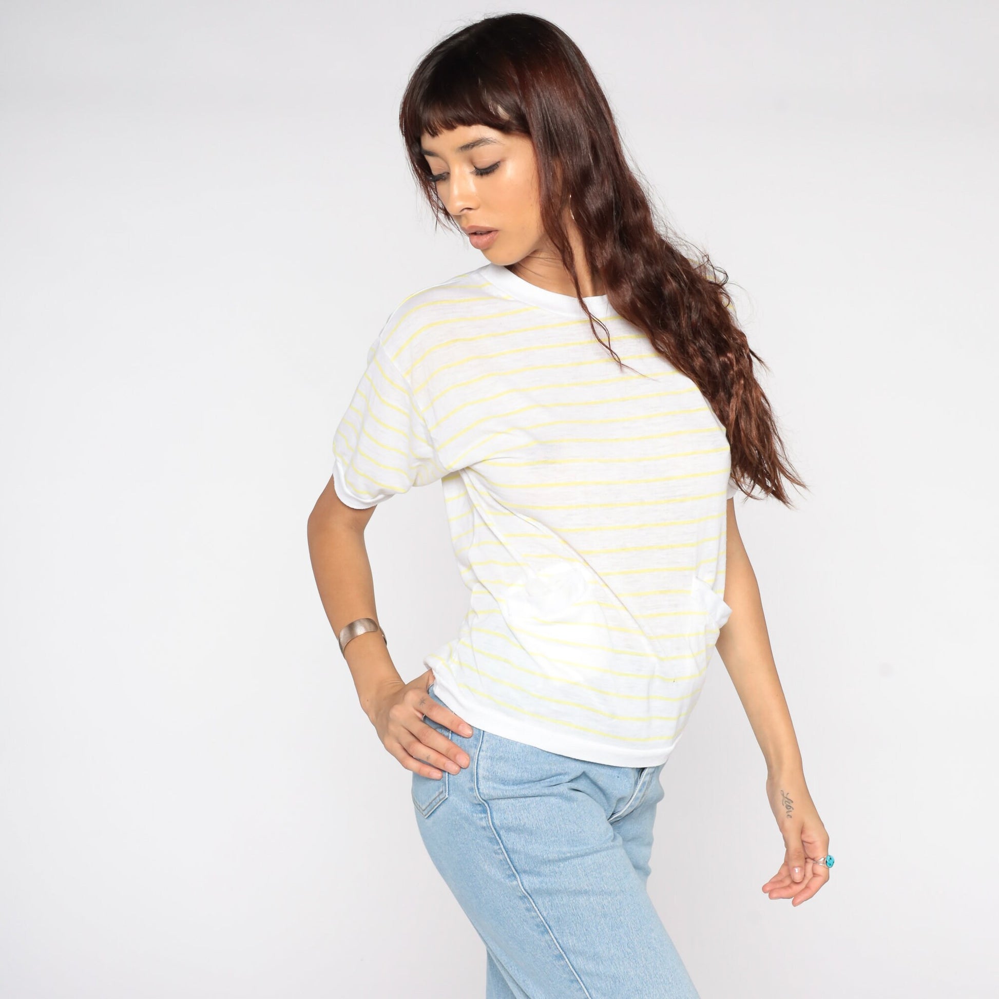 80s Yellow White Striped Pocket Shirt Short Sleeve Cotton Blend Medium
