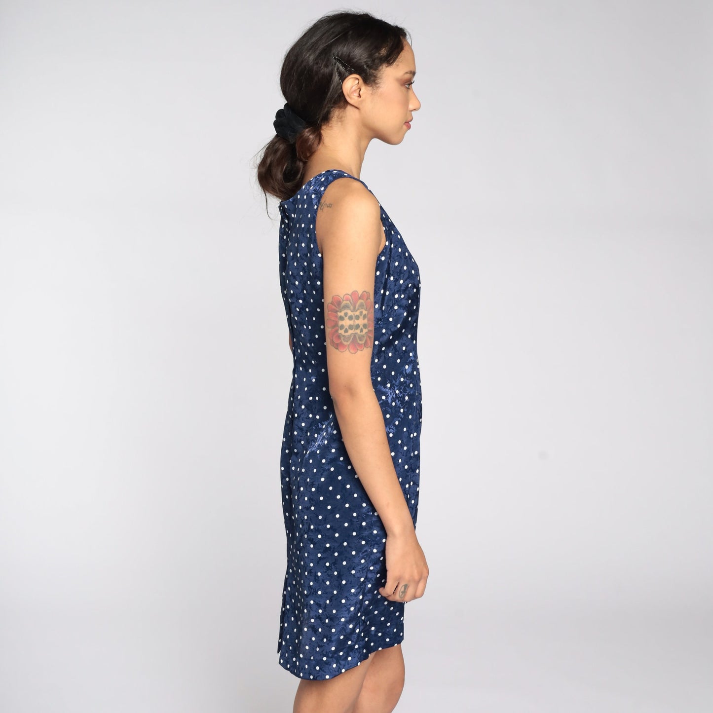 90s Polka Dot Mini Dress Sleeveless Sheath Navy White Embossed Small S