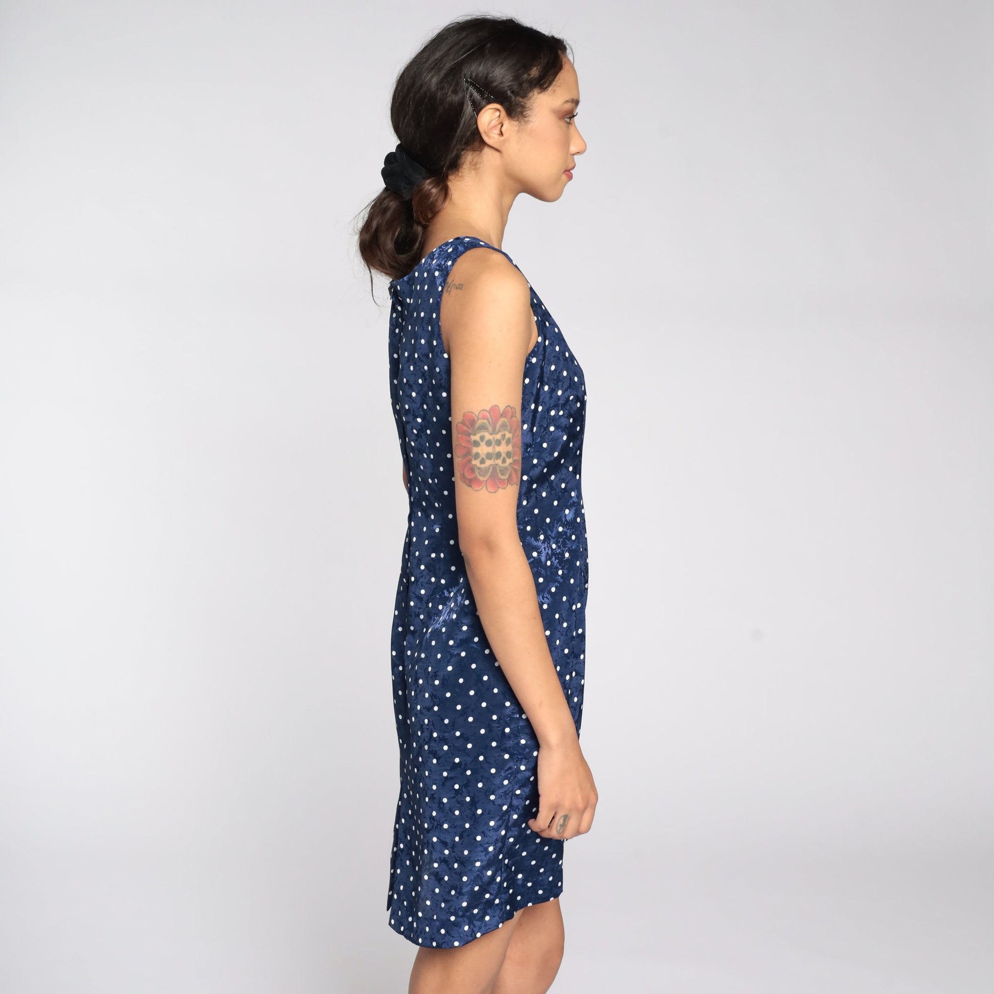 90s Polka Dot Mini Dress Sleeveless Sheath Navy White Embossed Small S