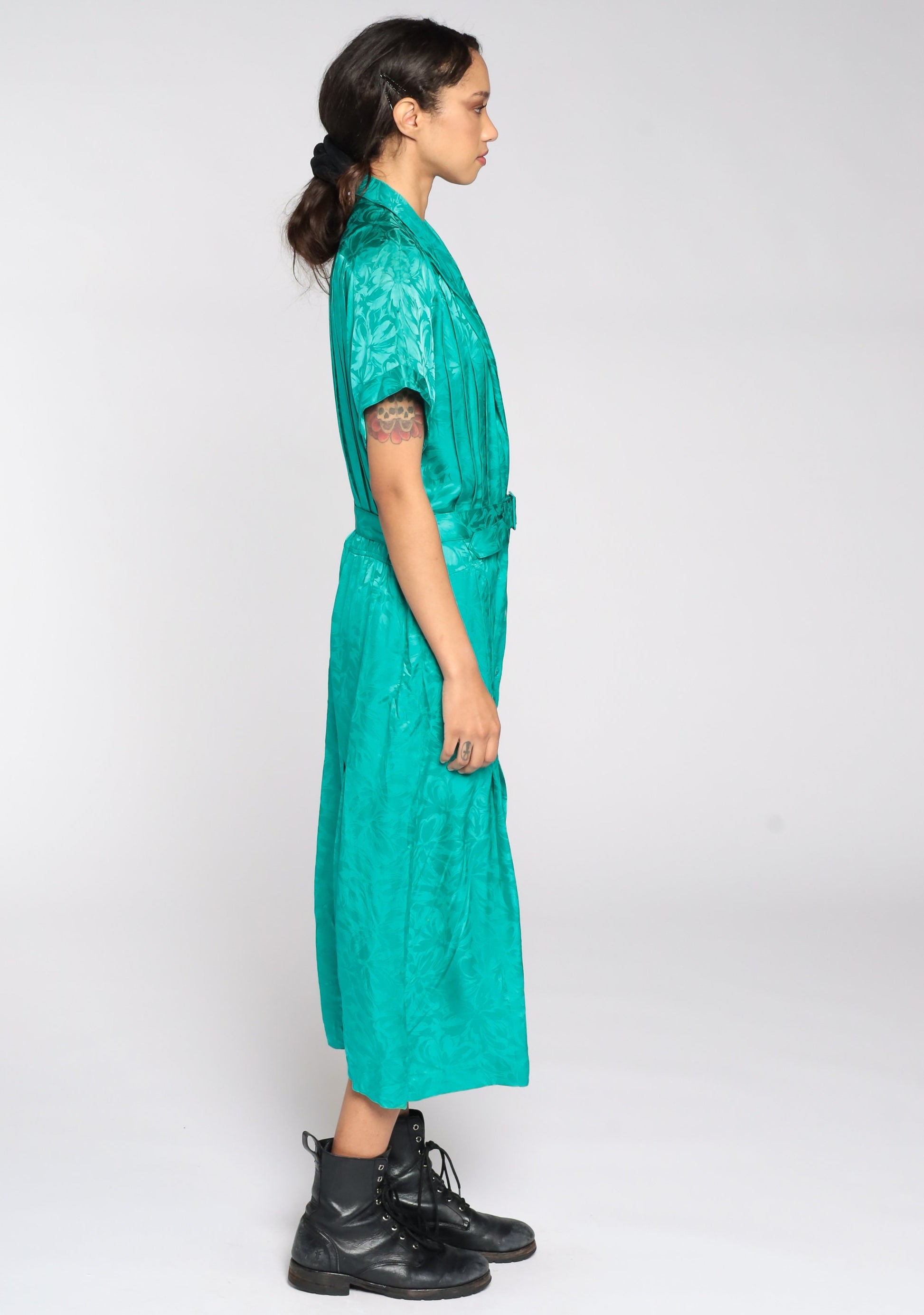 80s Green Wrap Dress High Waisted Deep V Neck Midi Embossed Extra Large