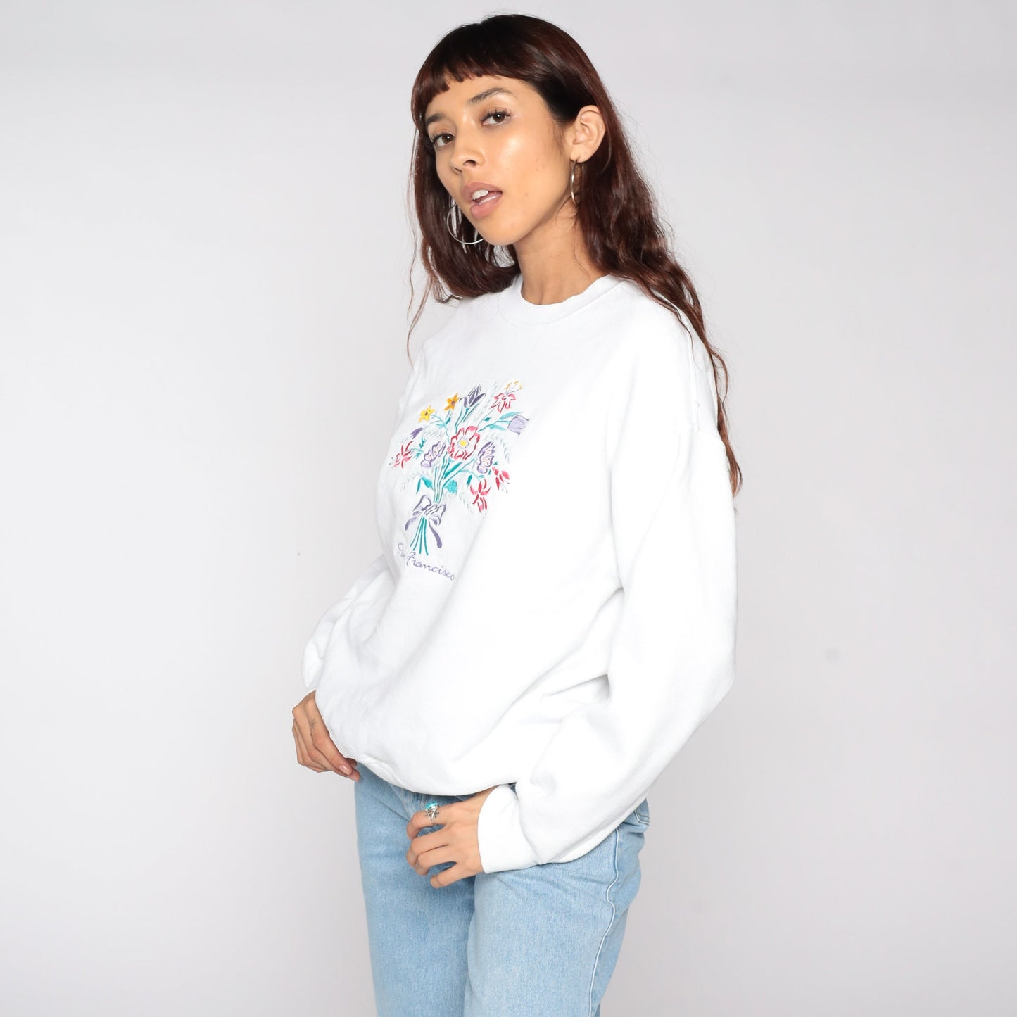 80s San Francisco Embroidered Sweatshirt White Floral Crewneck Large L