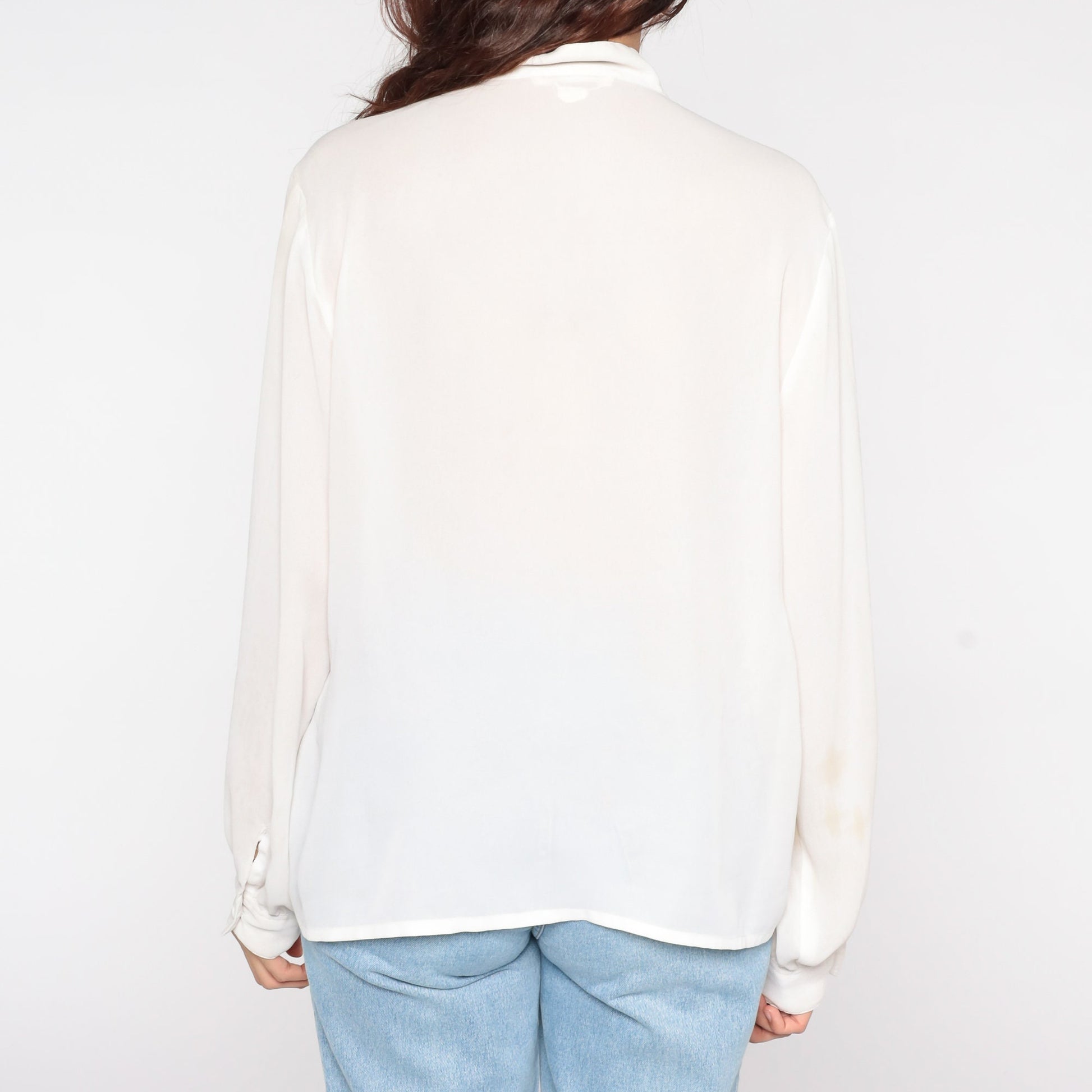 80s White Lace Tuxedo Blouse Ruffle Front Button Up Long Sleeve Medium