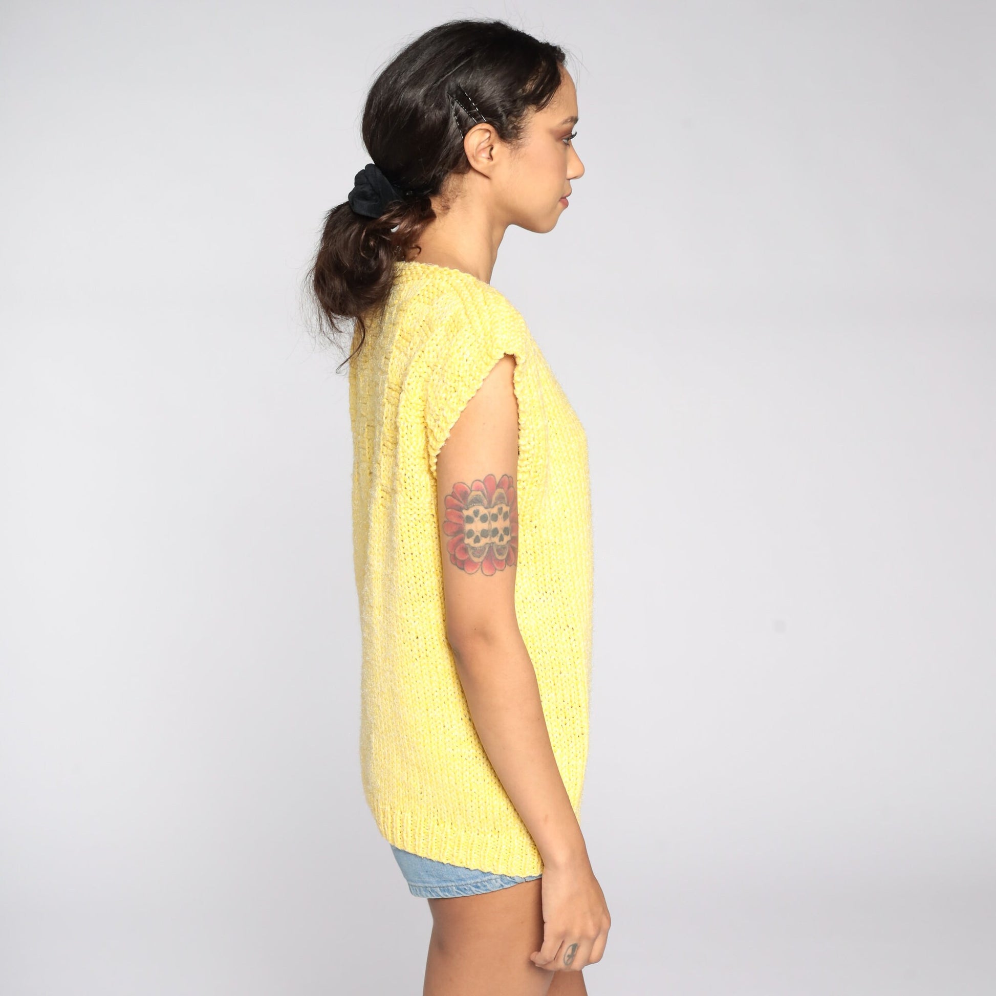 80s Yellow Knit Sweater Cap Sleeve Boat Neck Top Medium