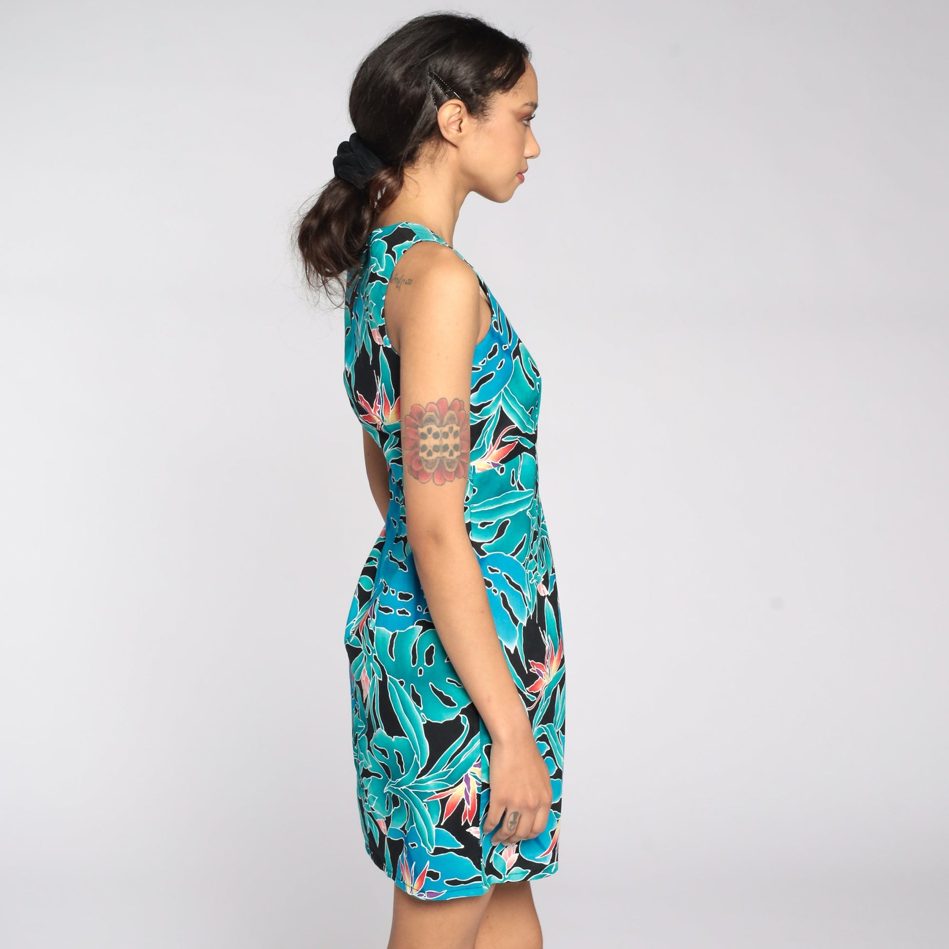 90s Floral Tropical Mini Sundress Shift Sleeveless Blue Green Extra Small