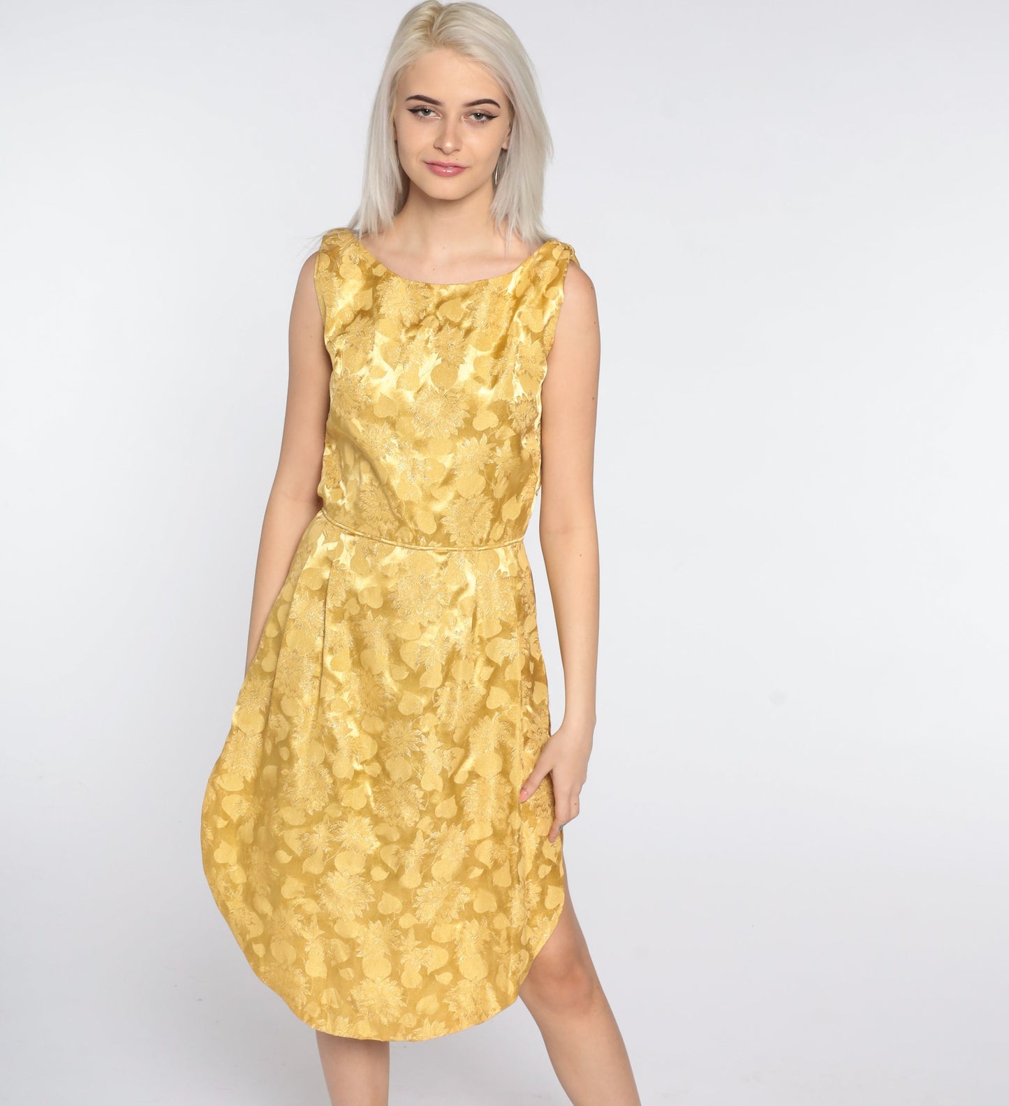 1960s Gold Floral Brocade Sleeveless Cocktail Dress High Slit Small
