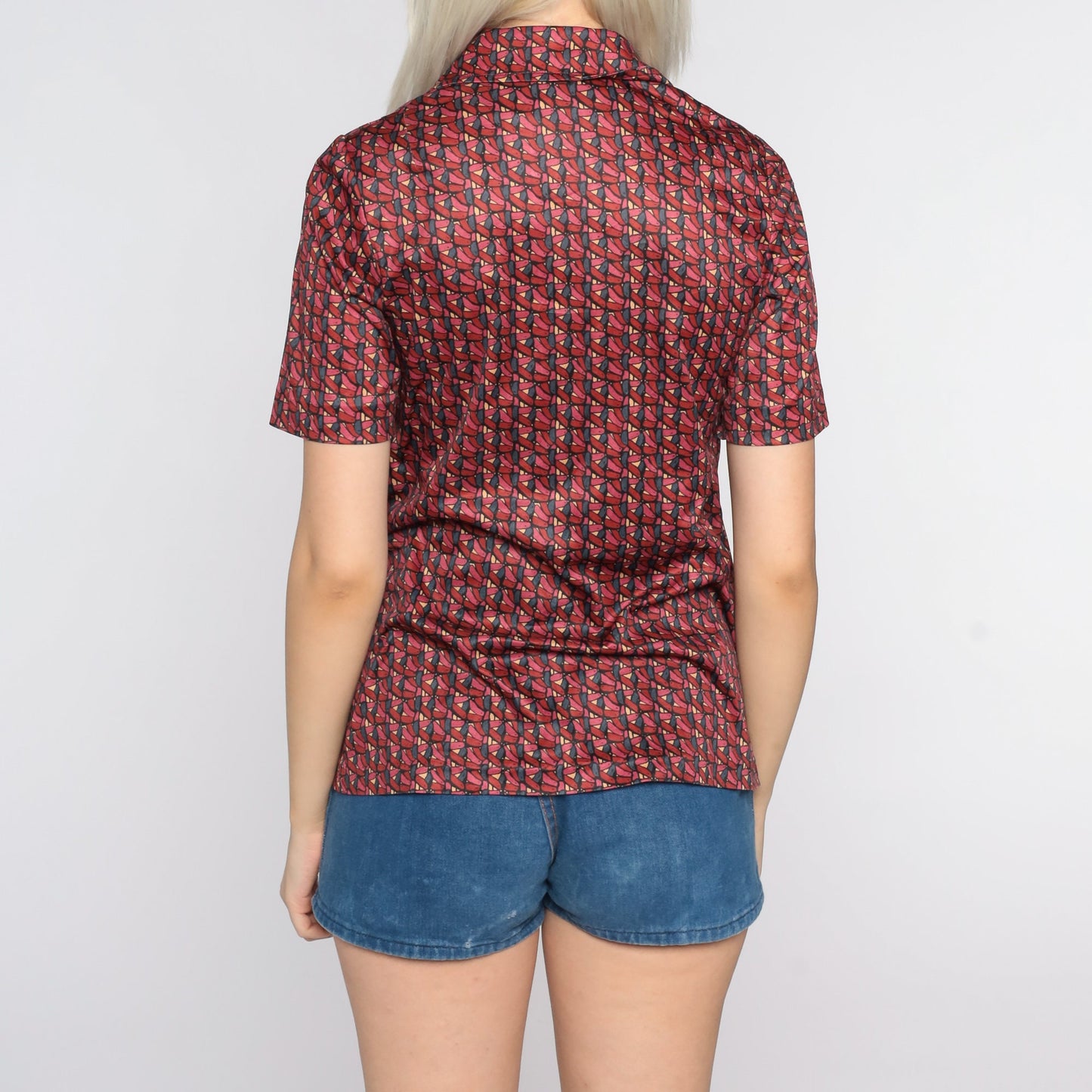 70s Geometric Print Disco Shirt Red Button-Up Blouse Short Sleeve Small S