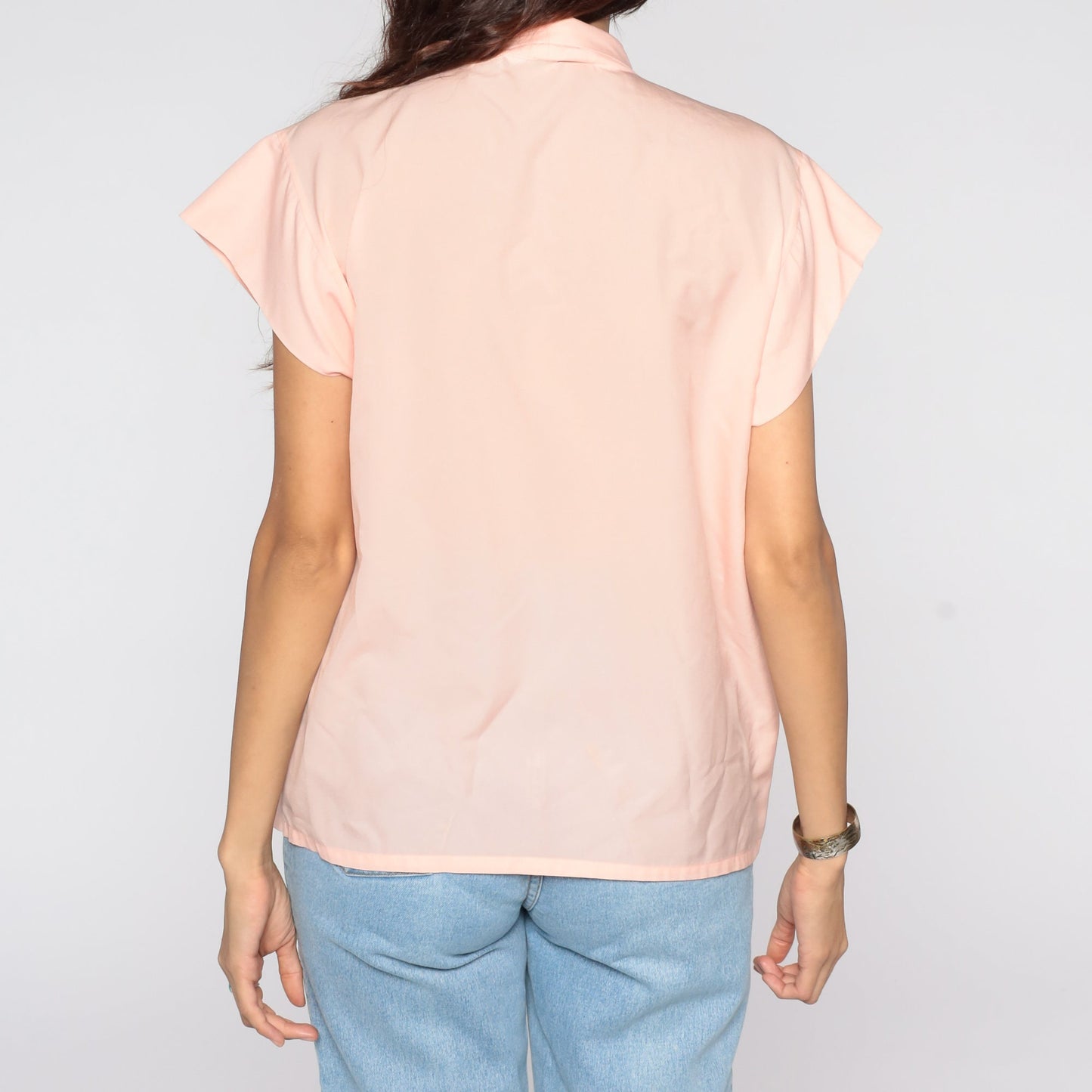 80s Baby Pink Ascot Blouse Short Sleeve Button Up Secretary Top Large L