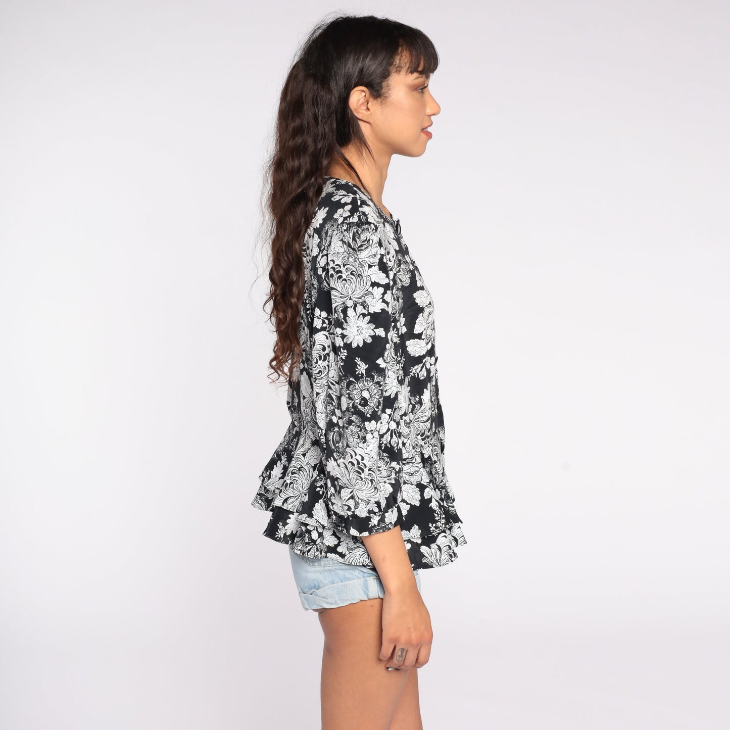 80s Floral Button Up Blouse Black White Peplum Puff Sleeve Medium Large