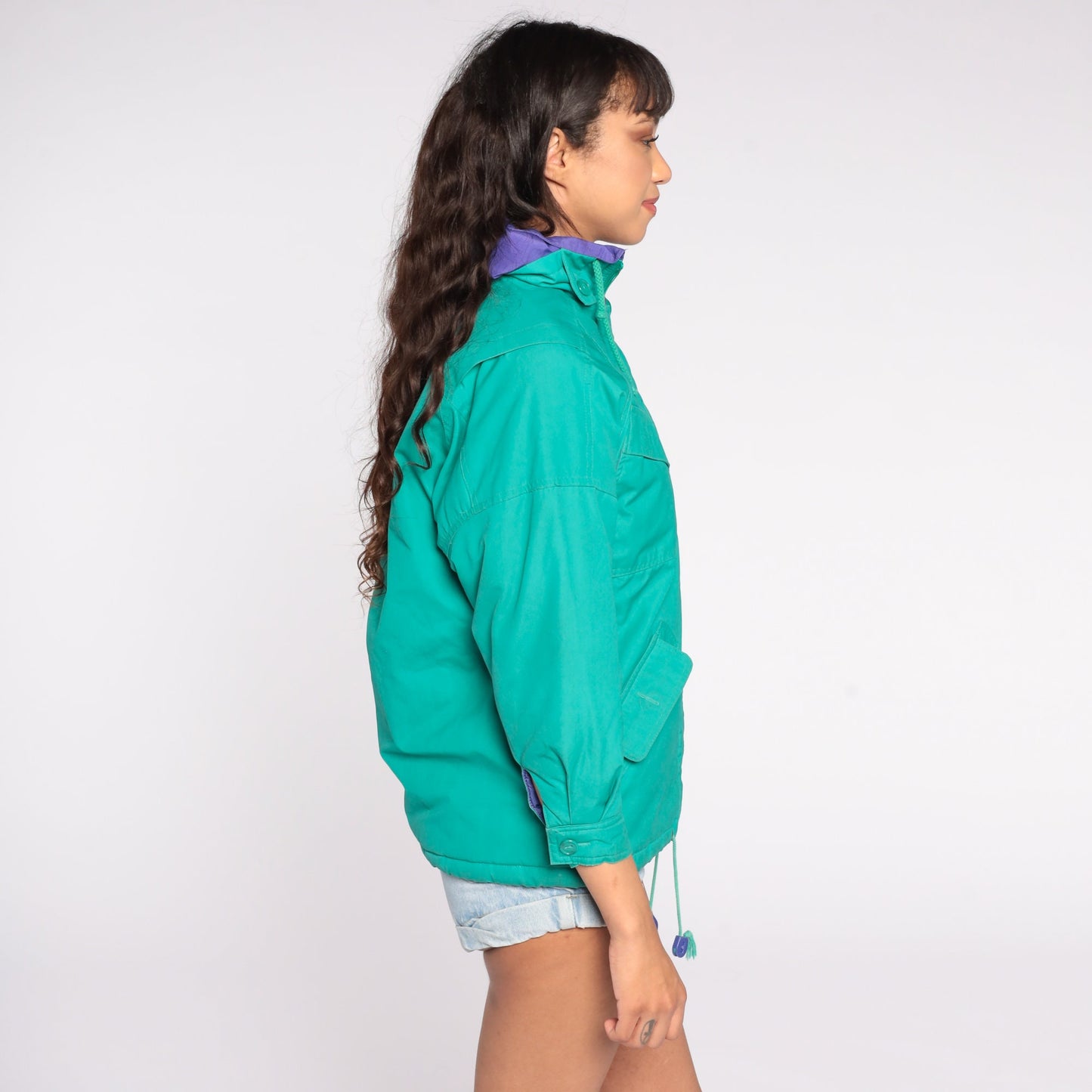 80s Green Zip-Up Jacket Cotton Blend Medium Petite