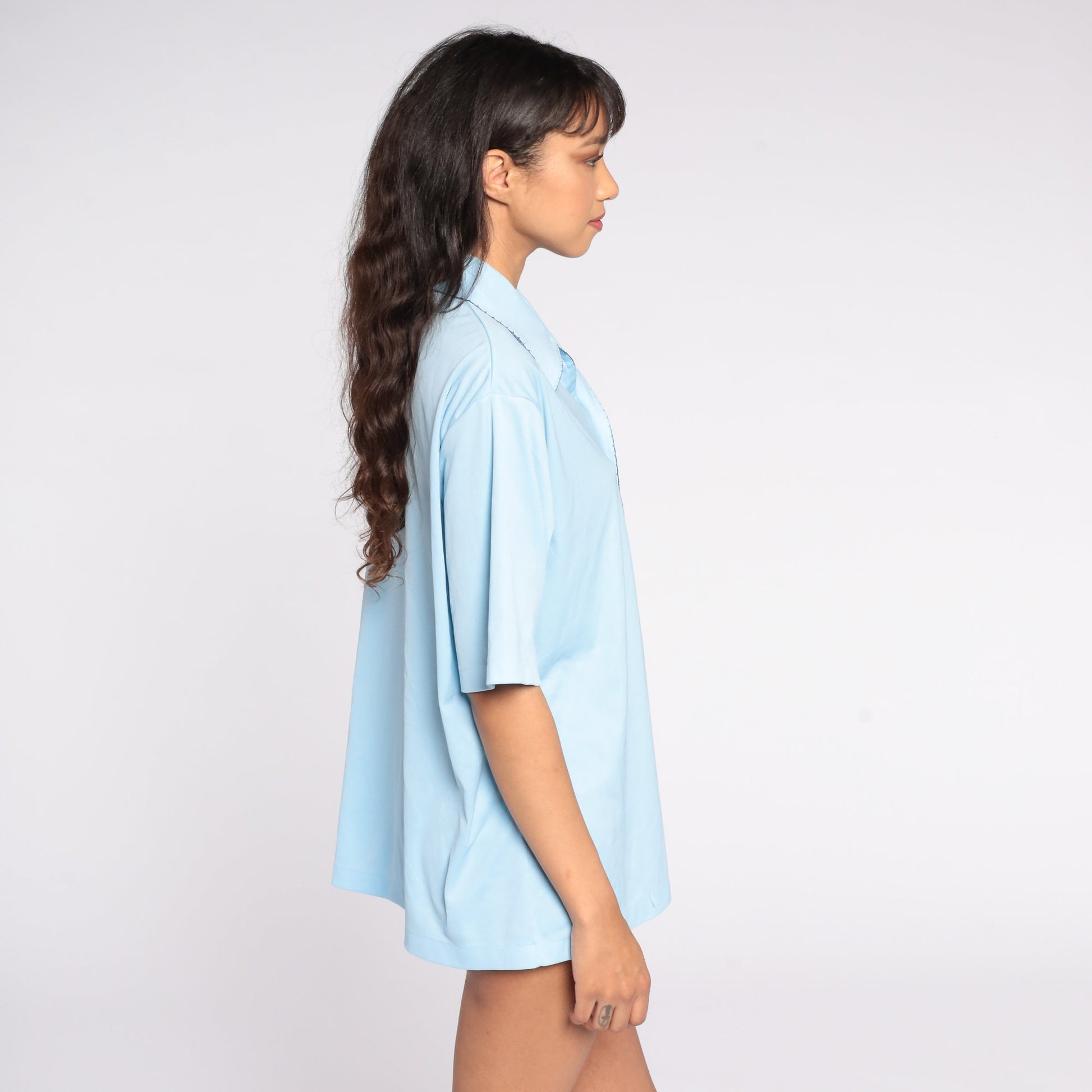 70s Baby Blue Button-Up Shirt Pointed Collar Short Sleeve Men's Large