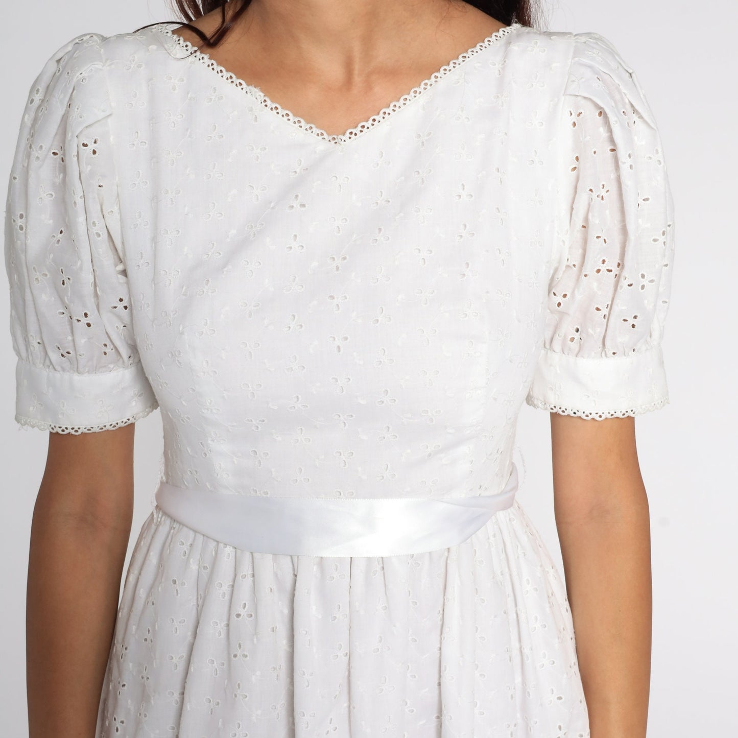 80s Lanz White Eyelet Midi Dress Puff Sleeve High Waist Extra Small