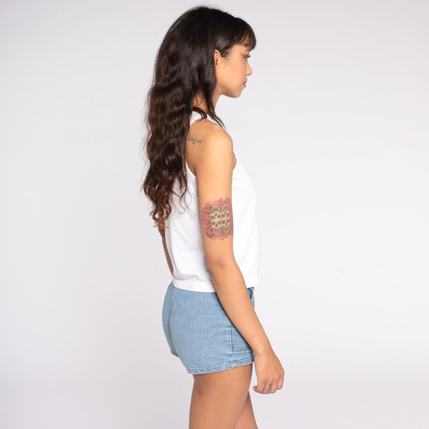 80s White Polka Dot Tank Top Button Front Cotton Sleeveless Small