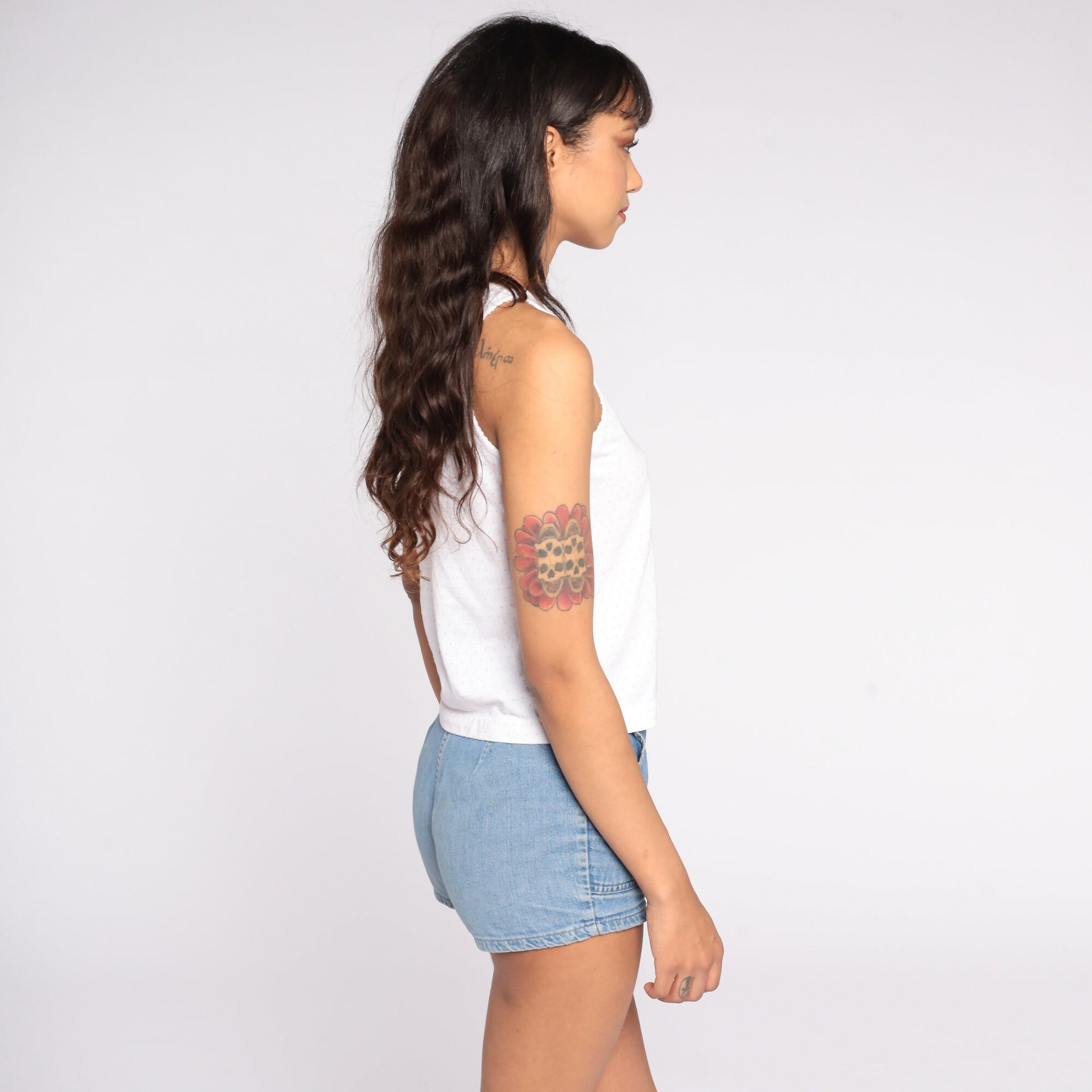 80s White Polka Dot Tank Top Button Front Cotton Sleeveless Small