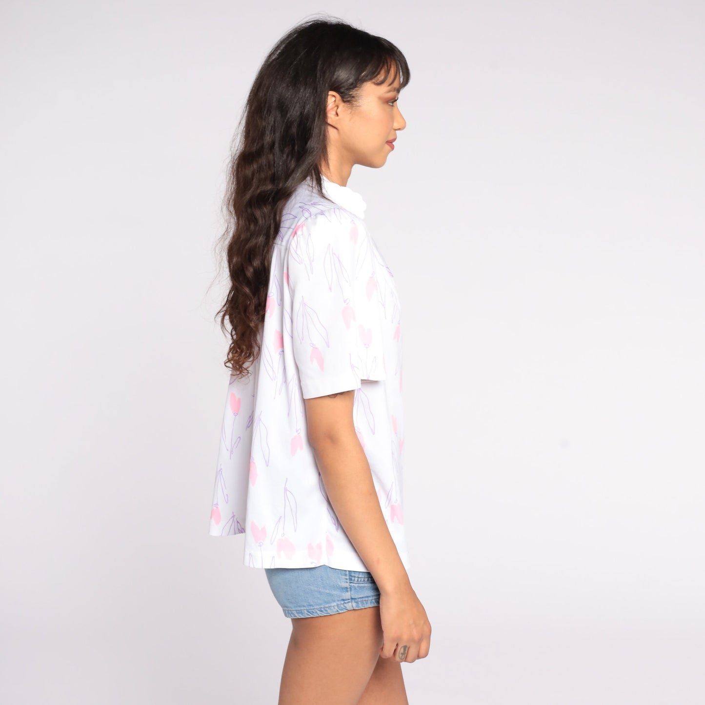 80s Floral Puff Sleeve Button-Up Blouse White Pink Extra Large