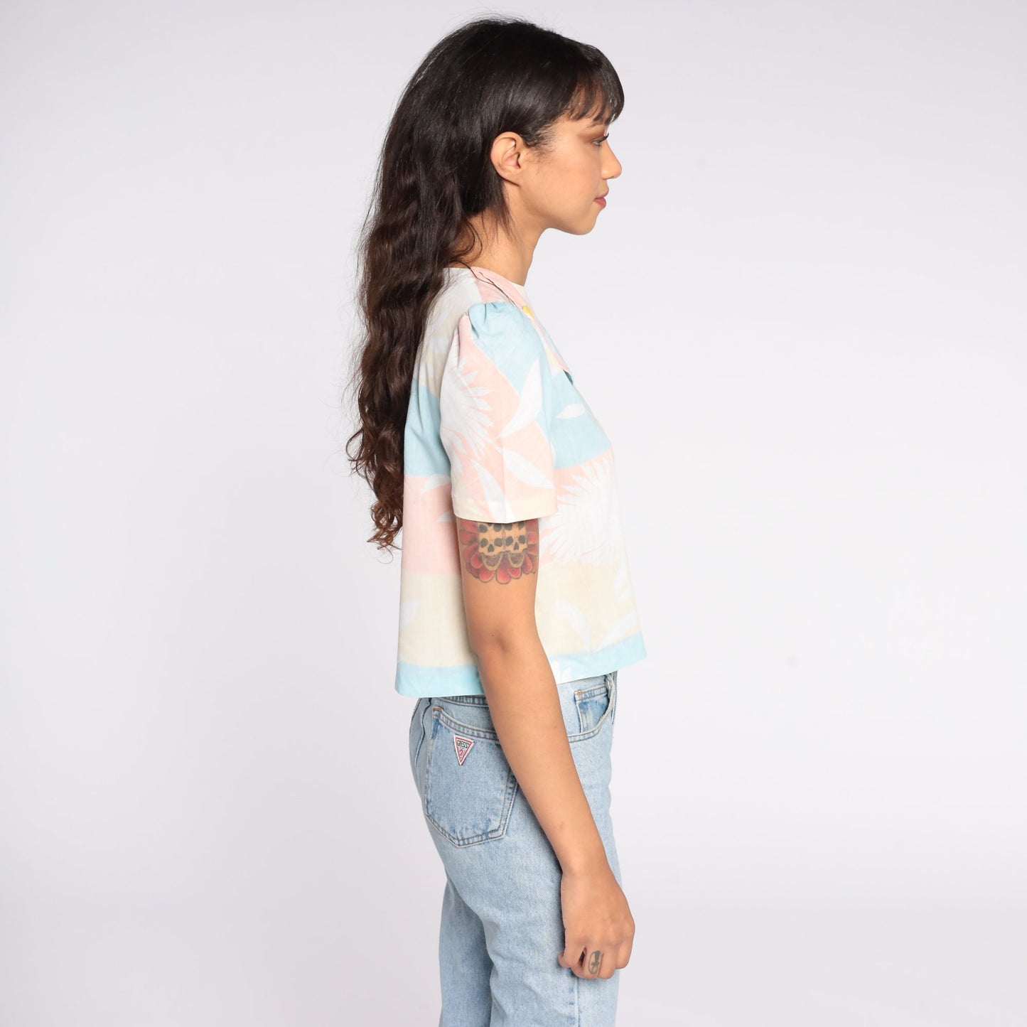 80s Pastel Floral Crop Top Puff Sleeve Blouse Yellow Peach Small