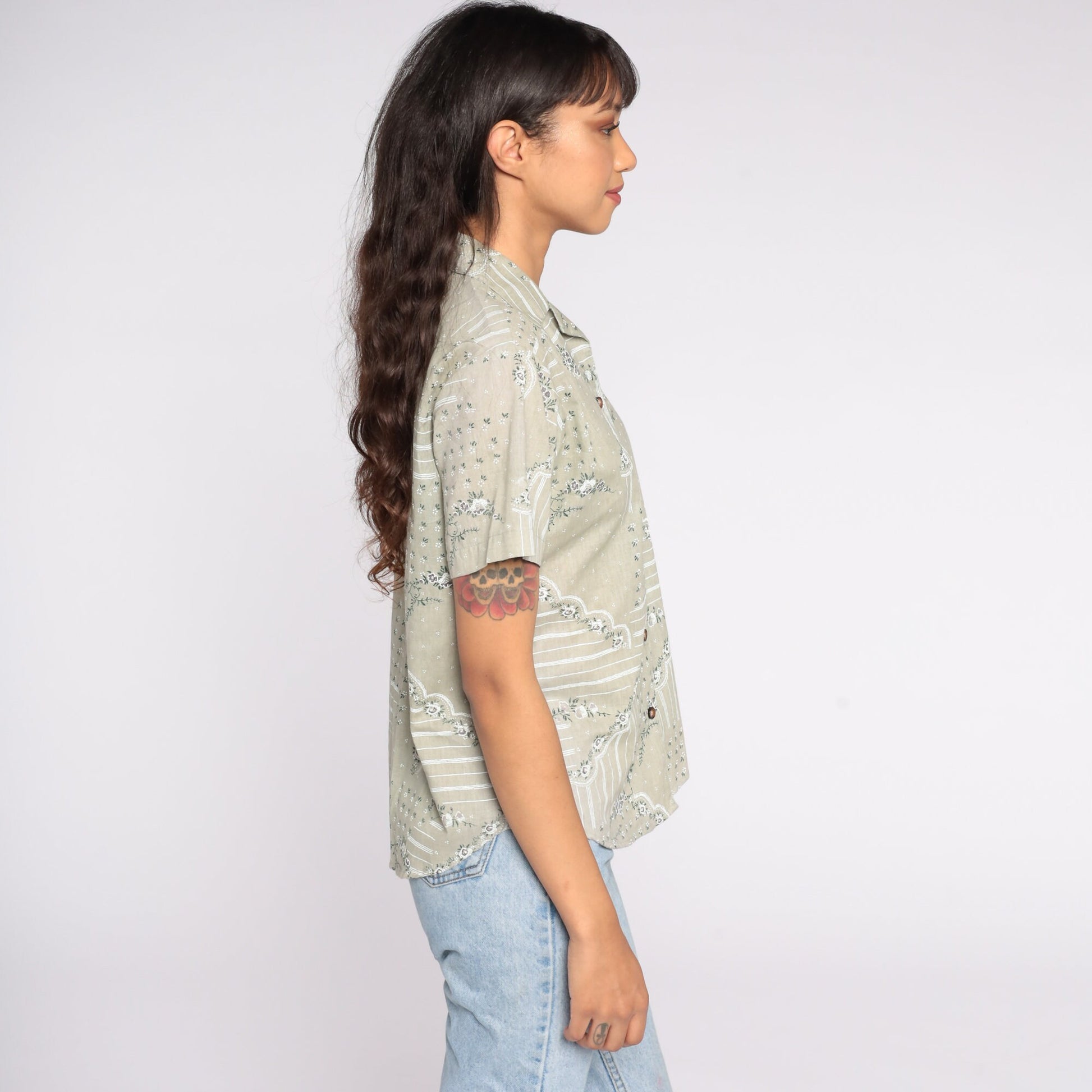 80s Taupe Floral Button-Up Blouse Short Sleeve Petite Small