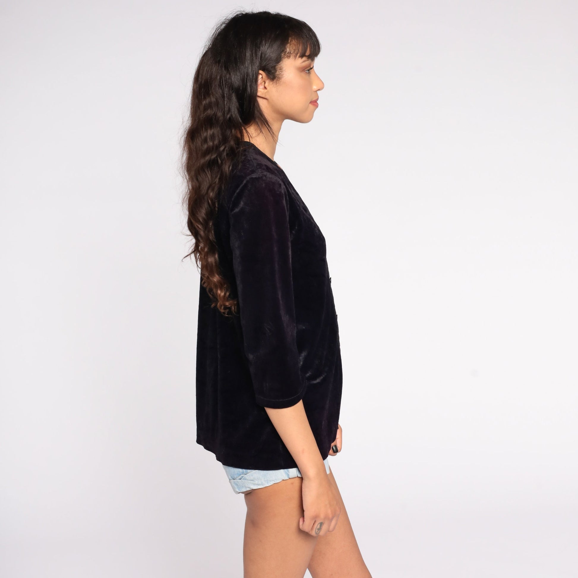 90s Black Velvet Button-Up Blouse Long Sleeve Vintage Shirt Medium