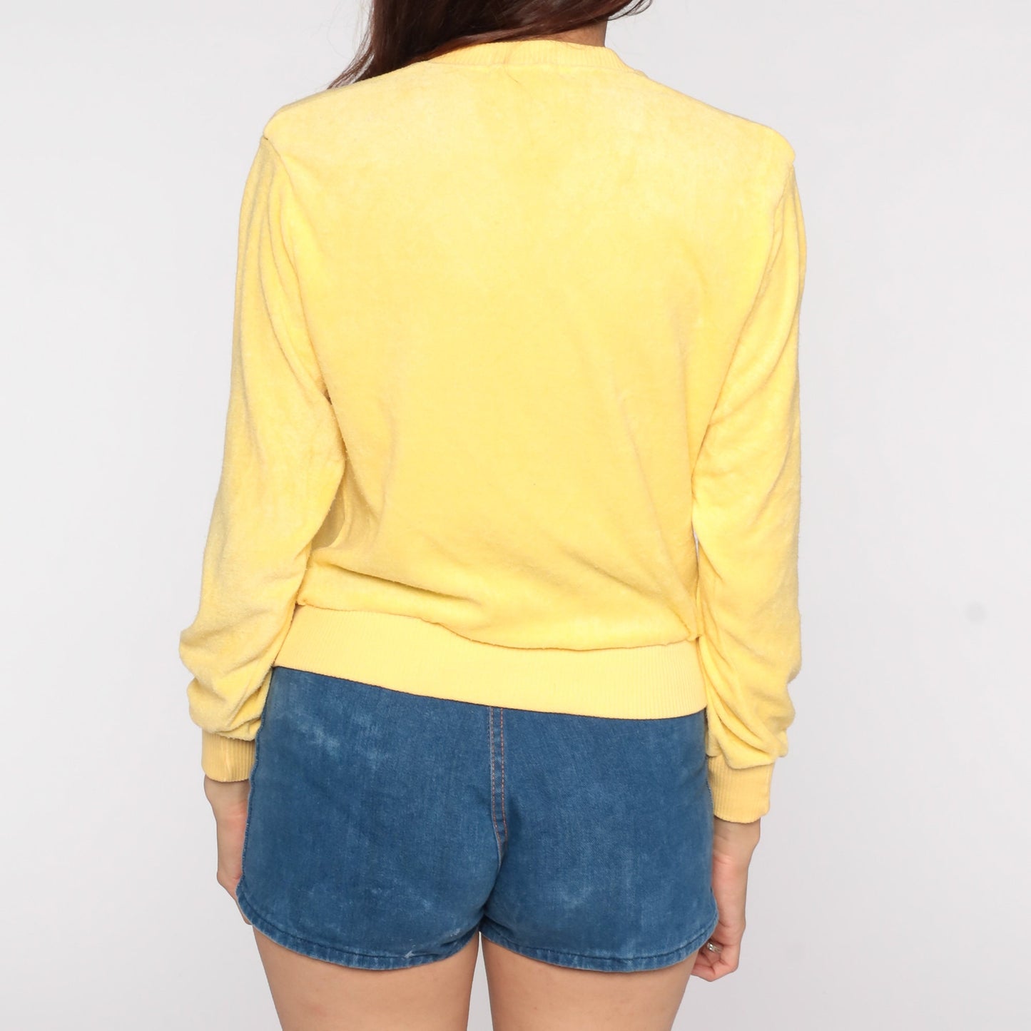 70s-80s Yellow Terry Cloth V-Neck Sweatshirt Slouchy Long Sleeve Medium