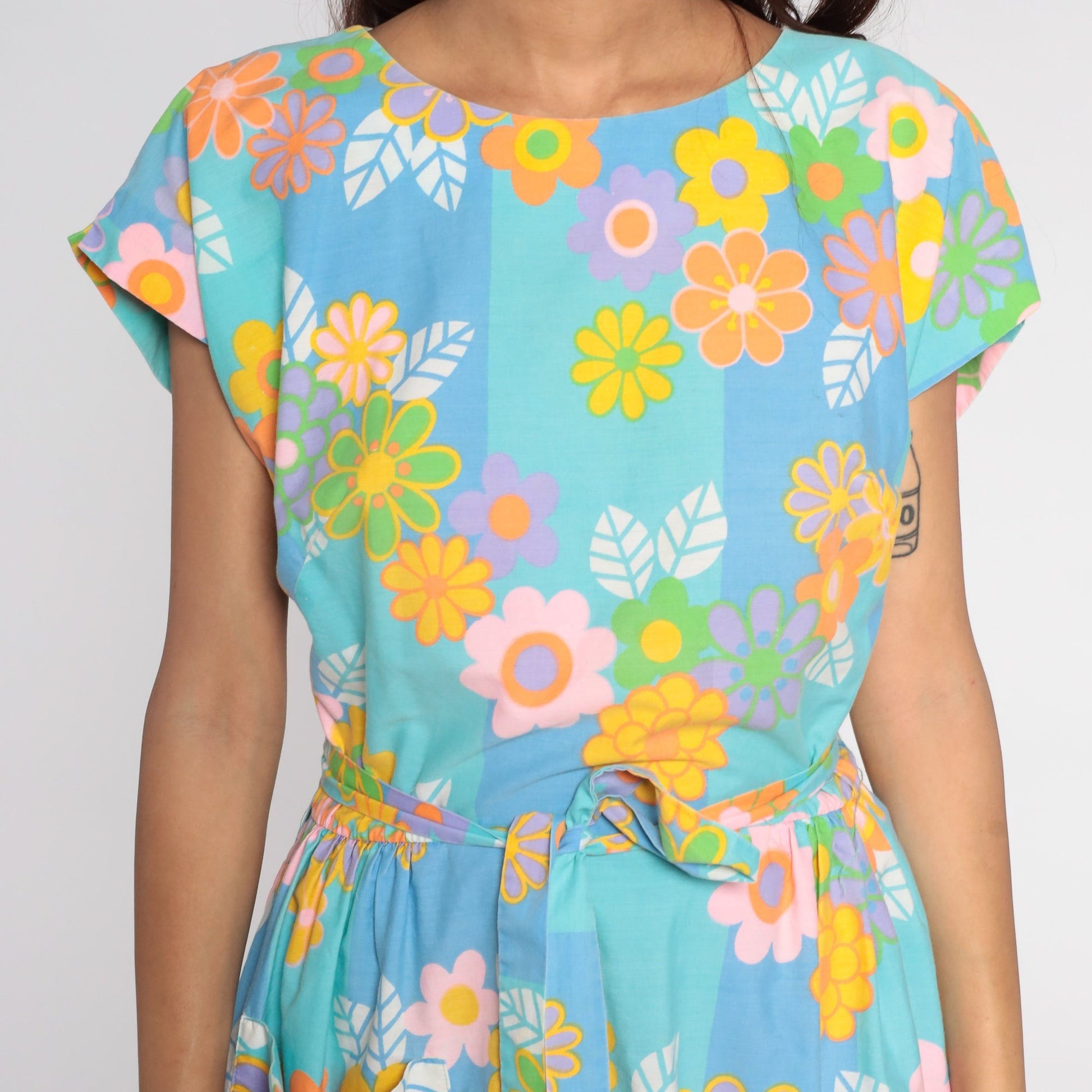 1960s Floral Wrap Dress Midi Blue Orange Flower Print Large L