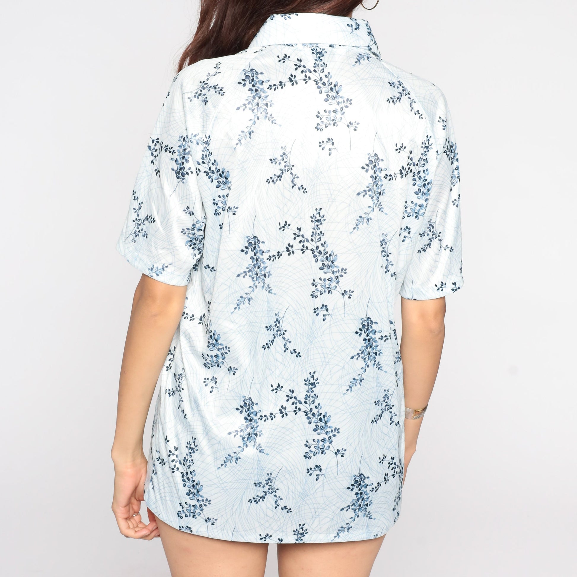 70s Blue Floral Button-Up Shirt Short Sleeve Collar Leaf Print Men's Medium