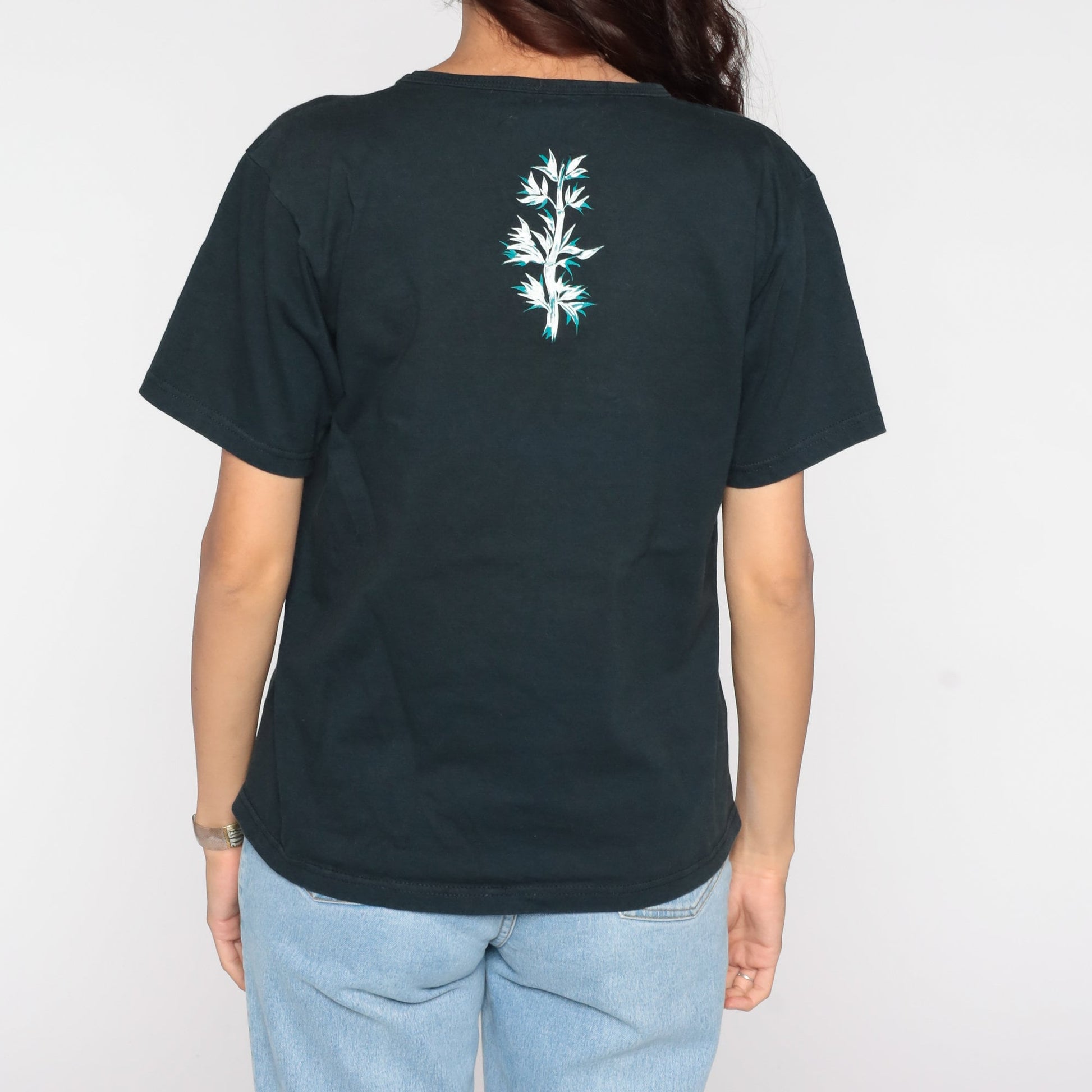 90s Bamboo Print Graphic T-Shirt Black Cotton Tee Medium