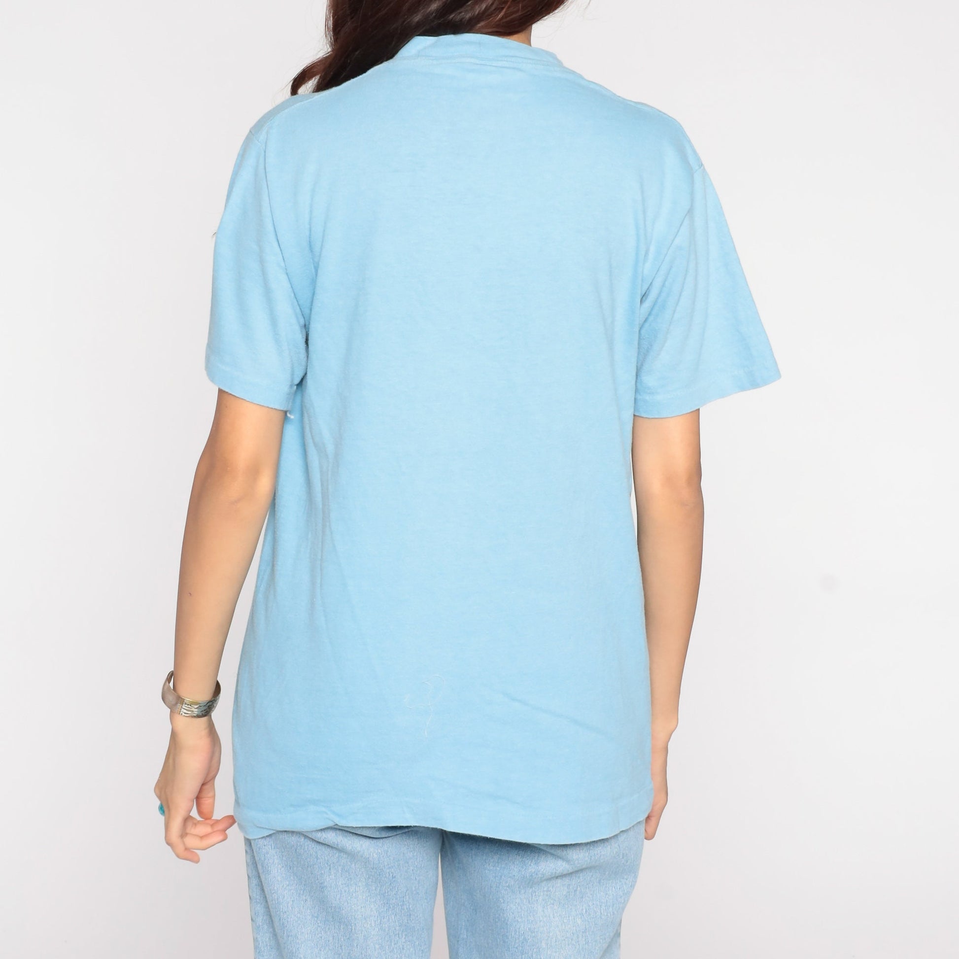 1985 Social Security Graphic T-Shirt 80s Slogan Tee Baby Blue Medium